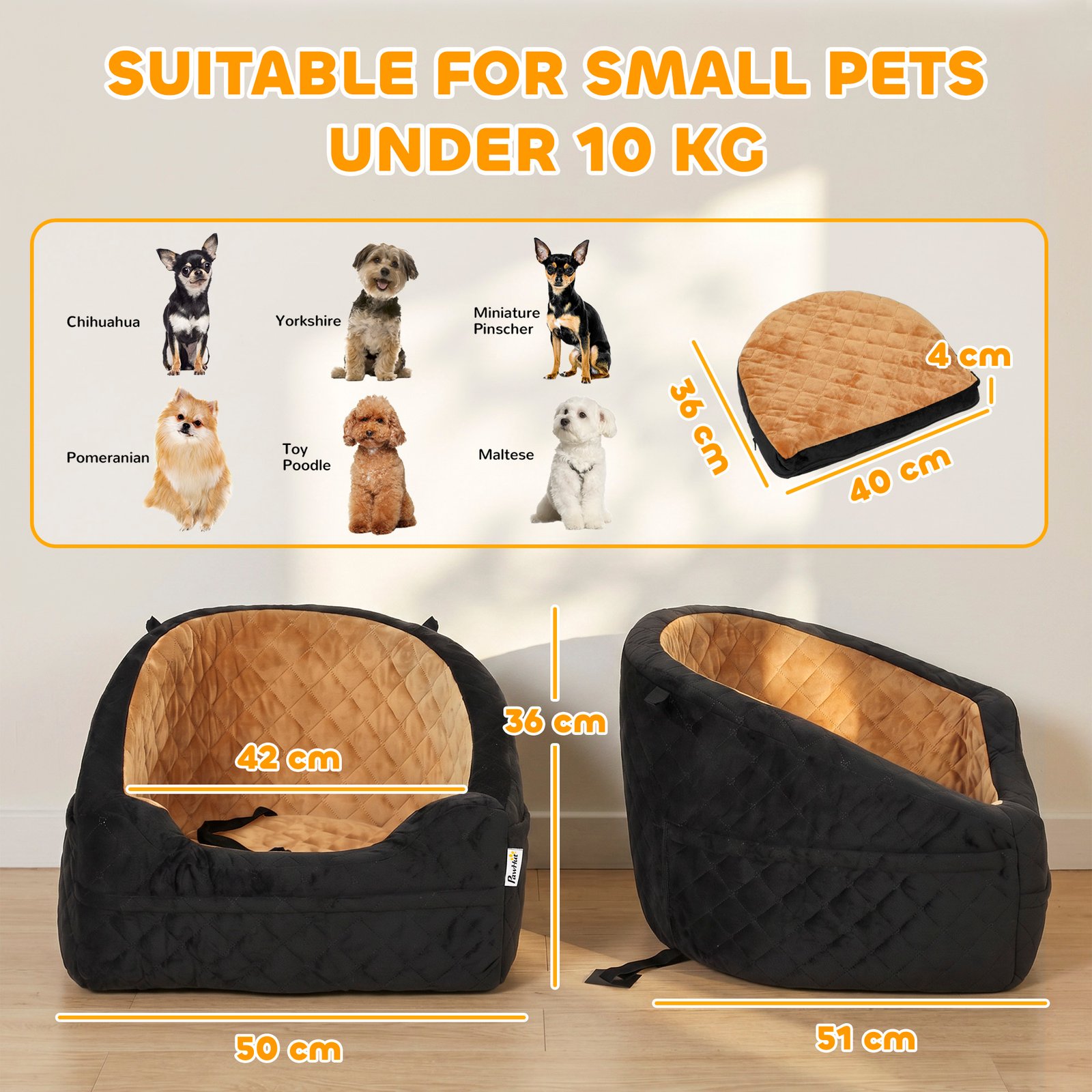 Dog Car Seat, Detachable Washable Dog Booster Seat with Thick Cushion, Seat Belt, Pockets for Small Under 10kg, Brown