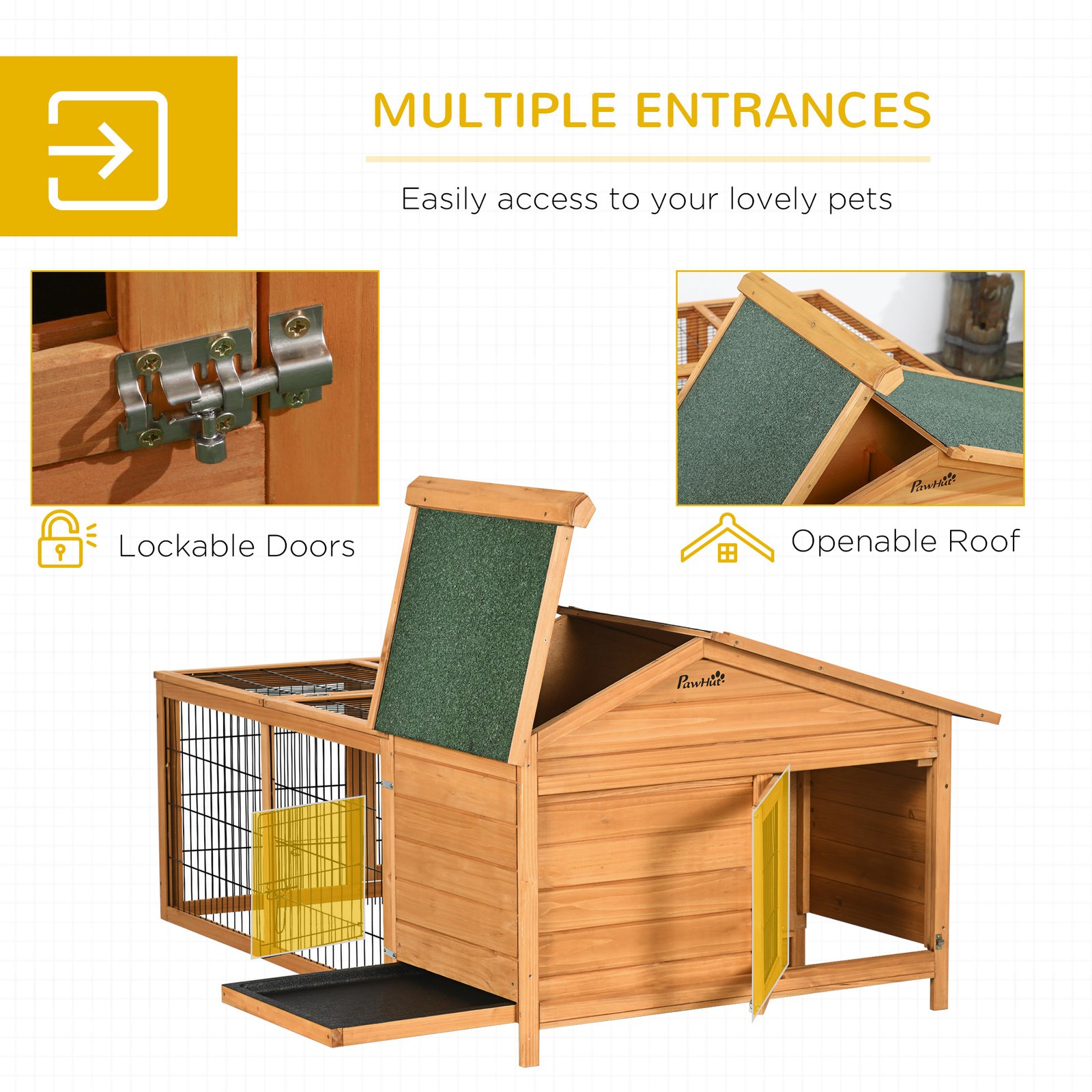 Wooden Rabbit Hutch Outdoor, Guinea Pig Hutch, Detachable Small Animal Cage with Openable Run & Roof Lockable Door Slide-out Tray 146 x 95 x 69cm