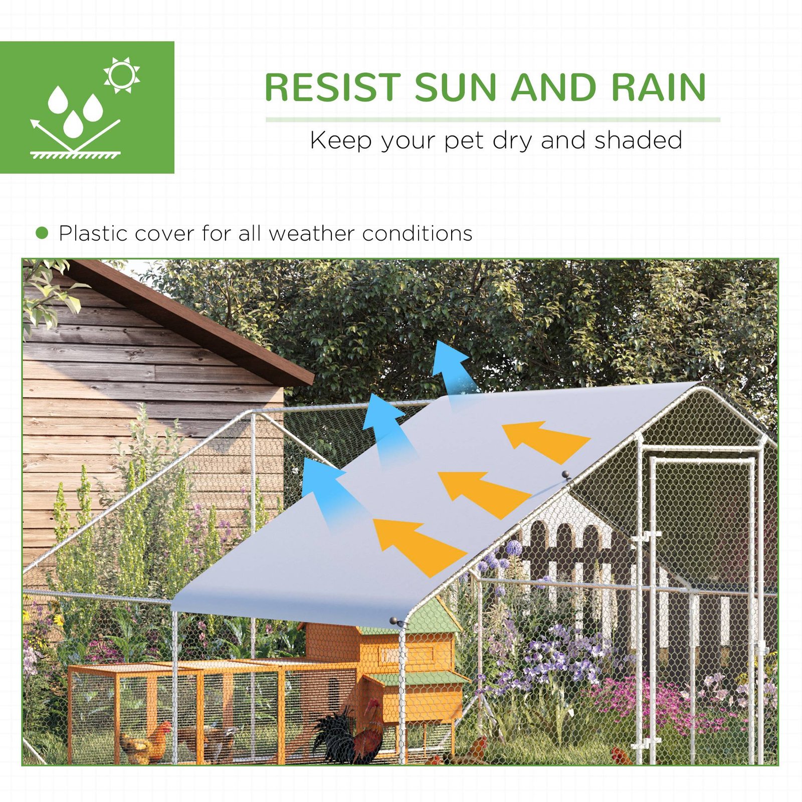 Chicken Walk-in Run, Galvanised Chicken Coop, Hen Poultry House Cage, Rabbit Hutch Pet Playpen Garden w/ Water-Resist Cover, 3 x 4 x 2m - Image 4