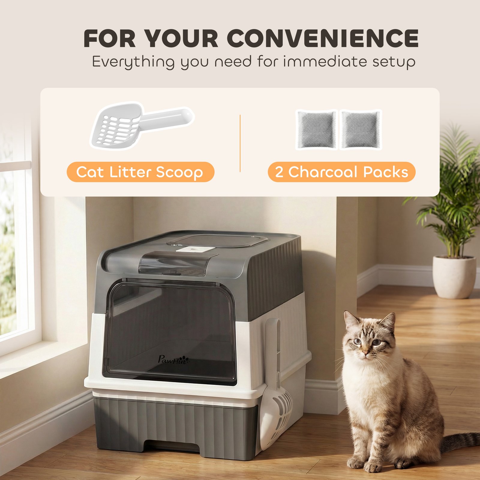 Enclosed Cat Litter Box with Lid, Pull-Out Drawer Tray, Scoop, 2 Deodorisation Bags, Front Entry & Top Exit, Grey