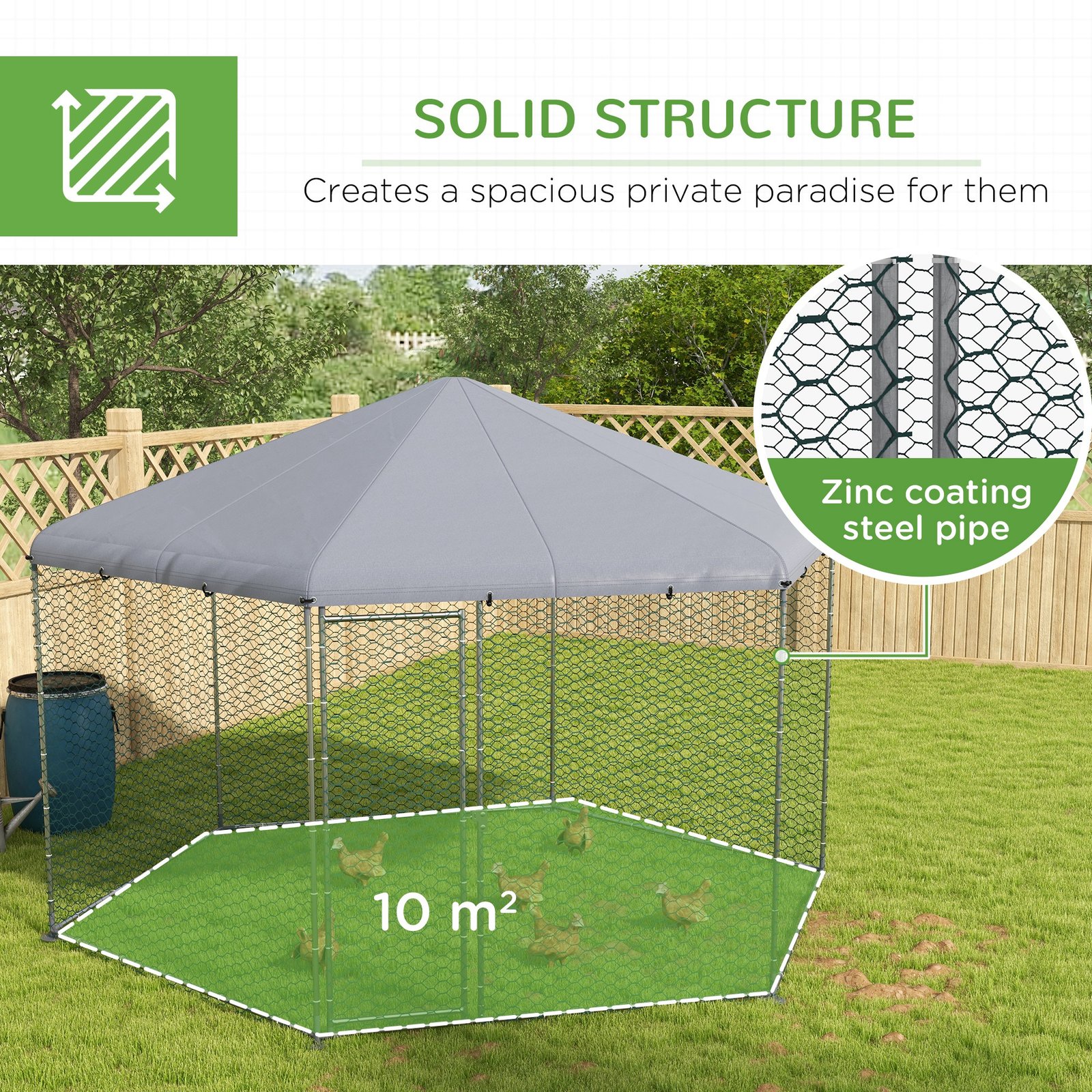 Chicken Coop for 10-15 Chickens, Hens, Rabbits, Ducks, Outdoor Garden Chicken Run, 4 x 3.5 x 2.6m