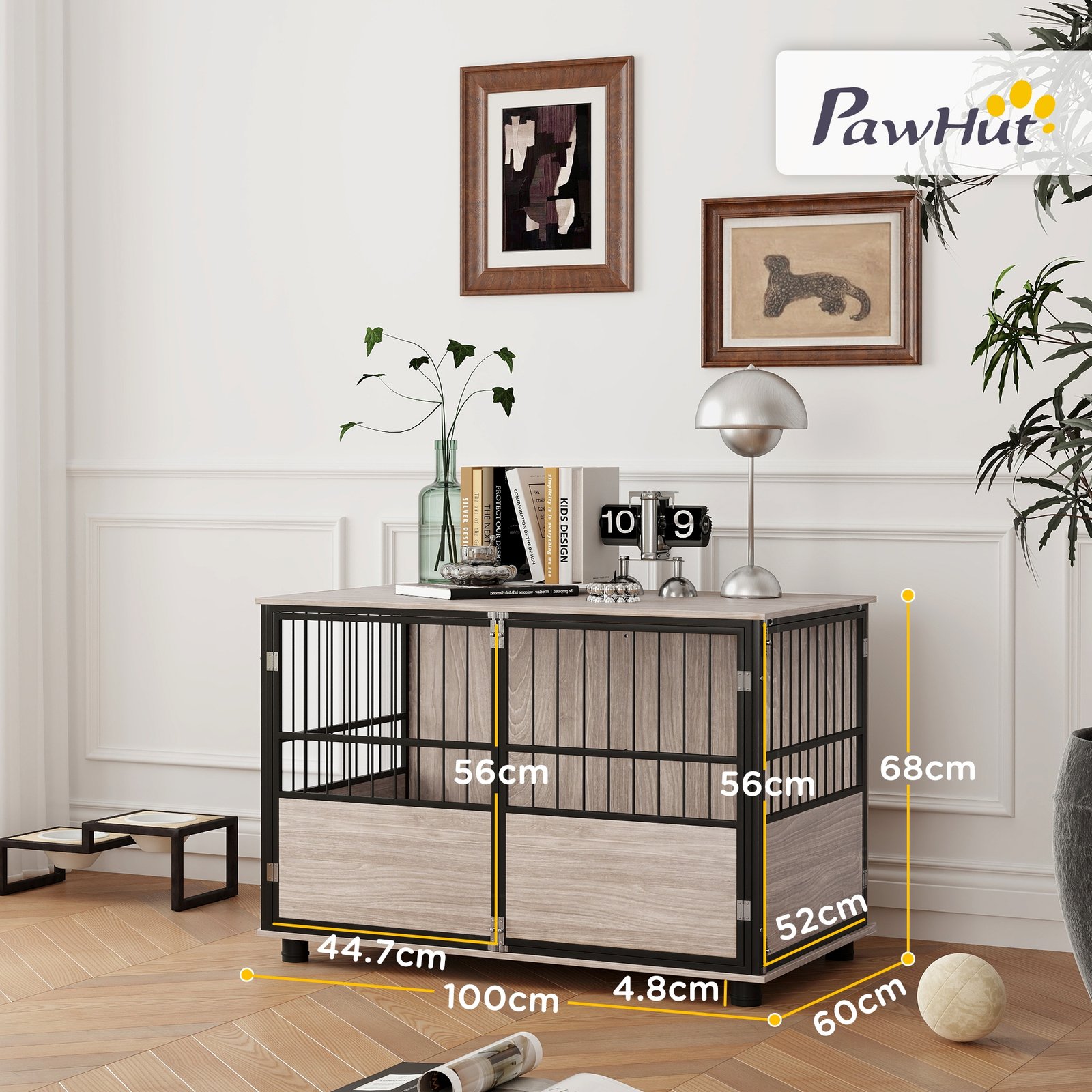 100cm Furniture Style Dog Crate Dog Cage End Table Indoor with 3 Doors Soft Washable Cushion, for Large Sized Dogs