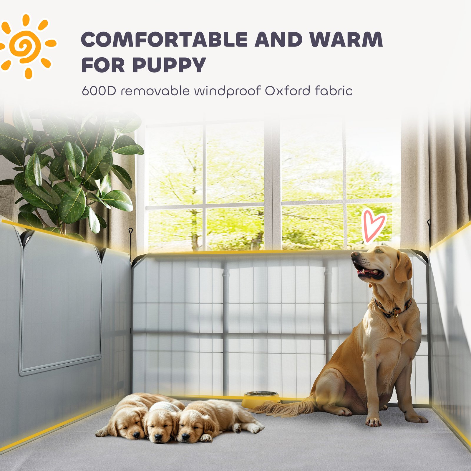 Steel Dog Whelping Box with Washable Whelping Pad, Wind-Resistant Cloth, for Small, Medium Dogs, 122 x 122 x 60cm