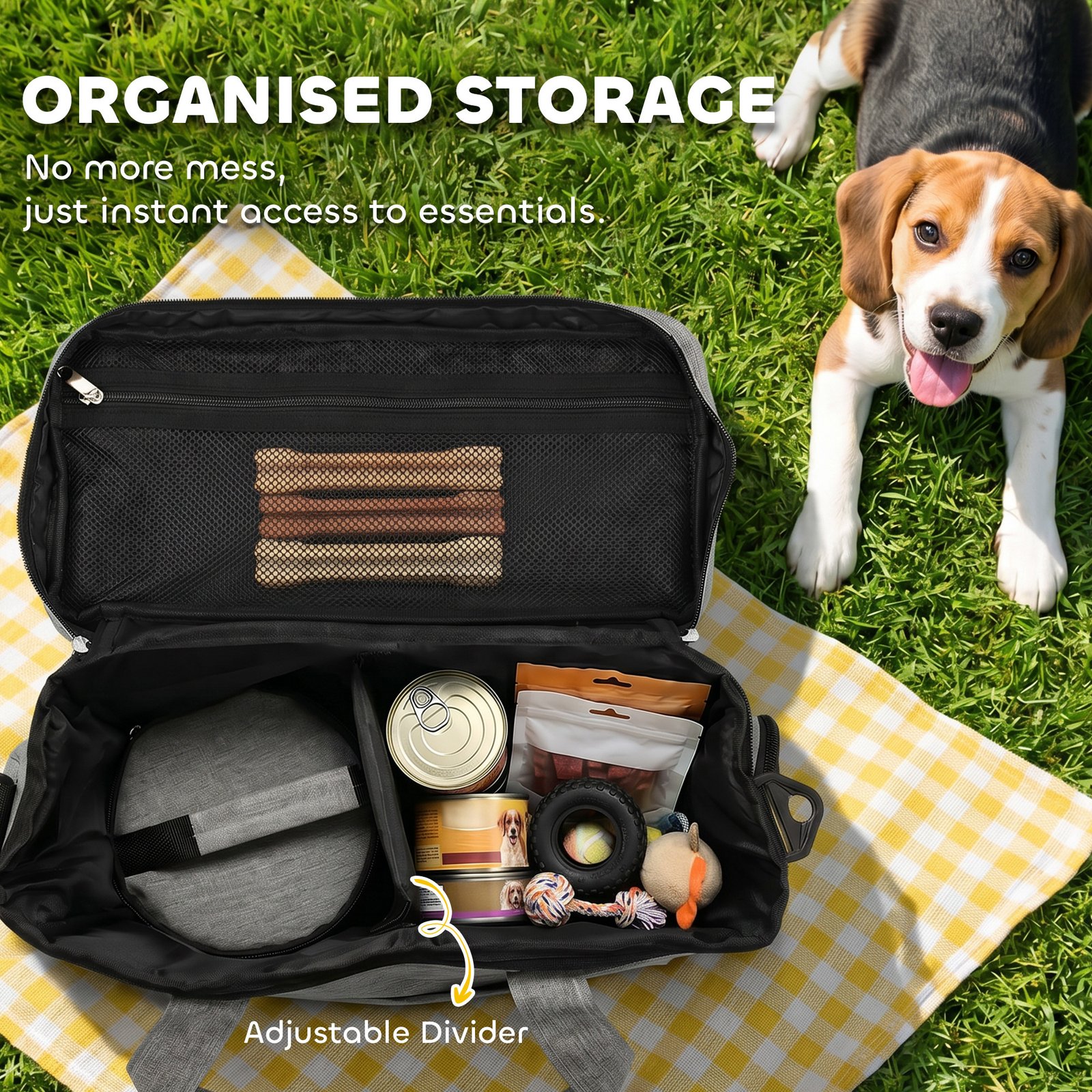 Dog Travel Bag, Waterproof Walking Bag with Multiple Pockets, Two Food Containers and Collapsible Bowl for Cat Puppy