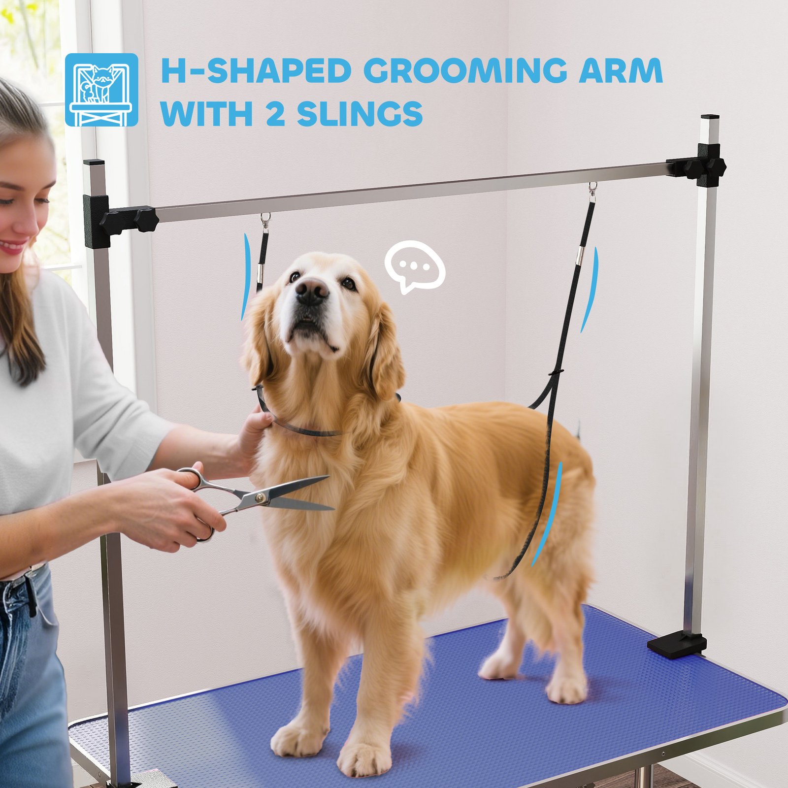 42" Dog Grooming Table, Adjustable Pet Cat Drying Beauty Table with 2 Loops Storage Basket, Rubber Top, Blue
