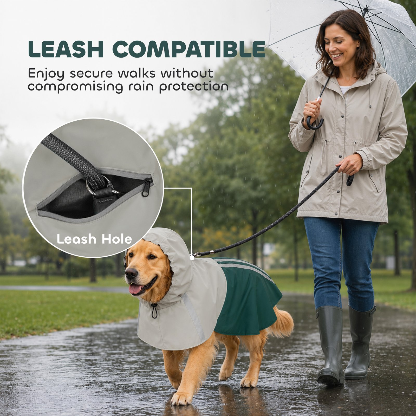 Dog Raincoat with Hood, Waterproof & Breathable Rain Jacket with Leash Hole, for Large Dogs, Green, L