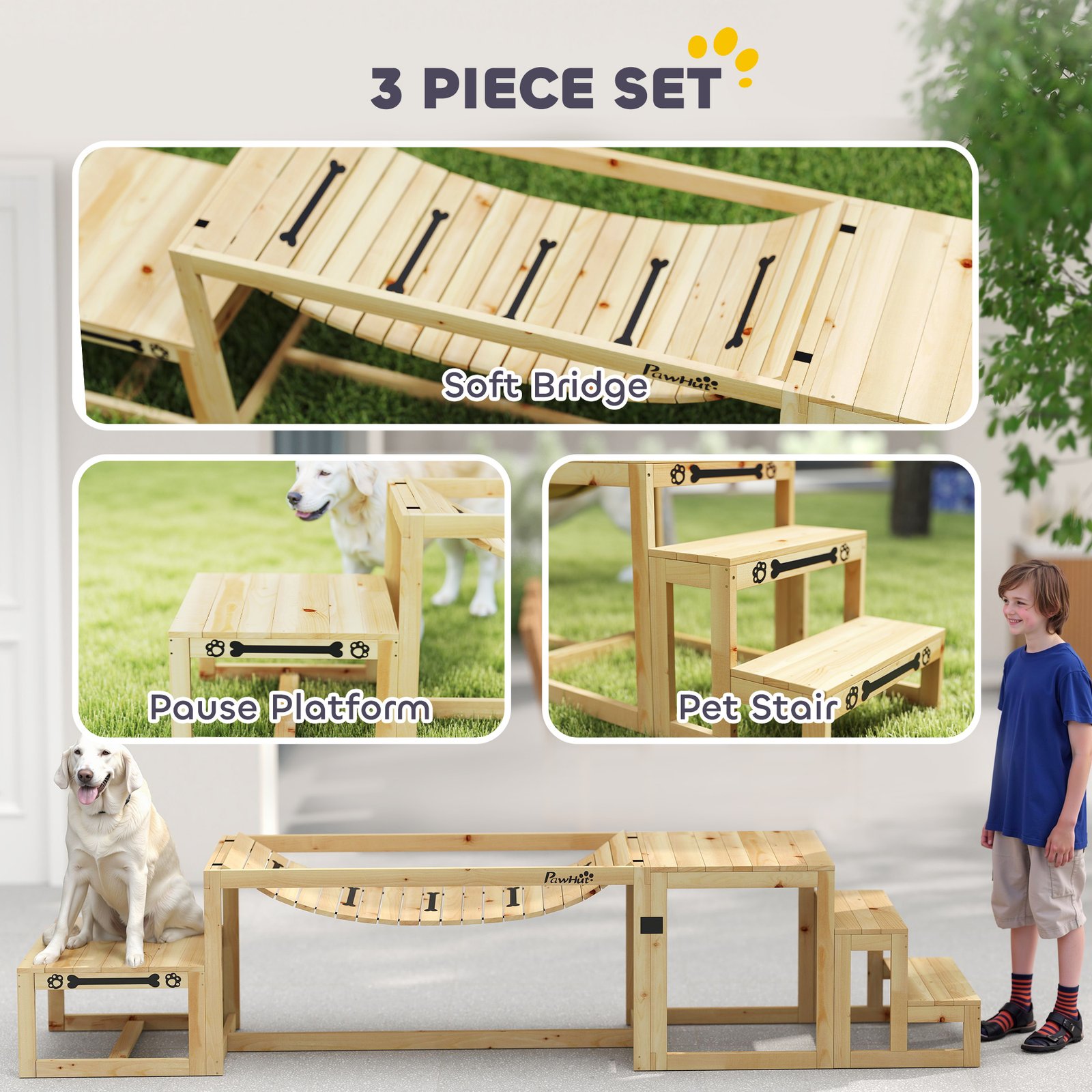 3 Pieces Wooden Dog Agility Training Equipment with Soft Bridge, Pause Platform and Pet Stair for Outdoor, Natural Wood
