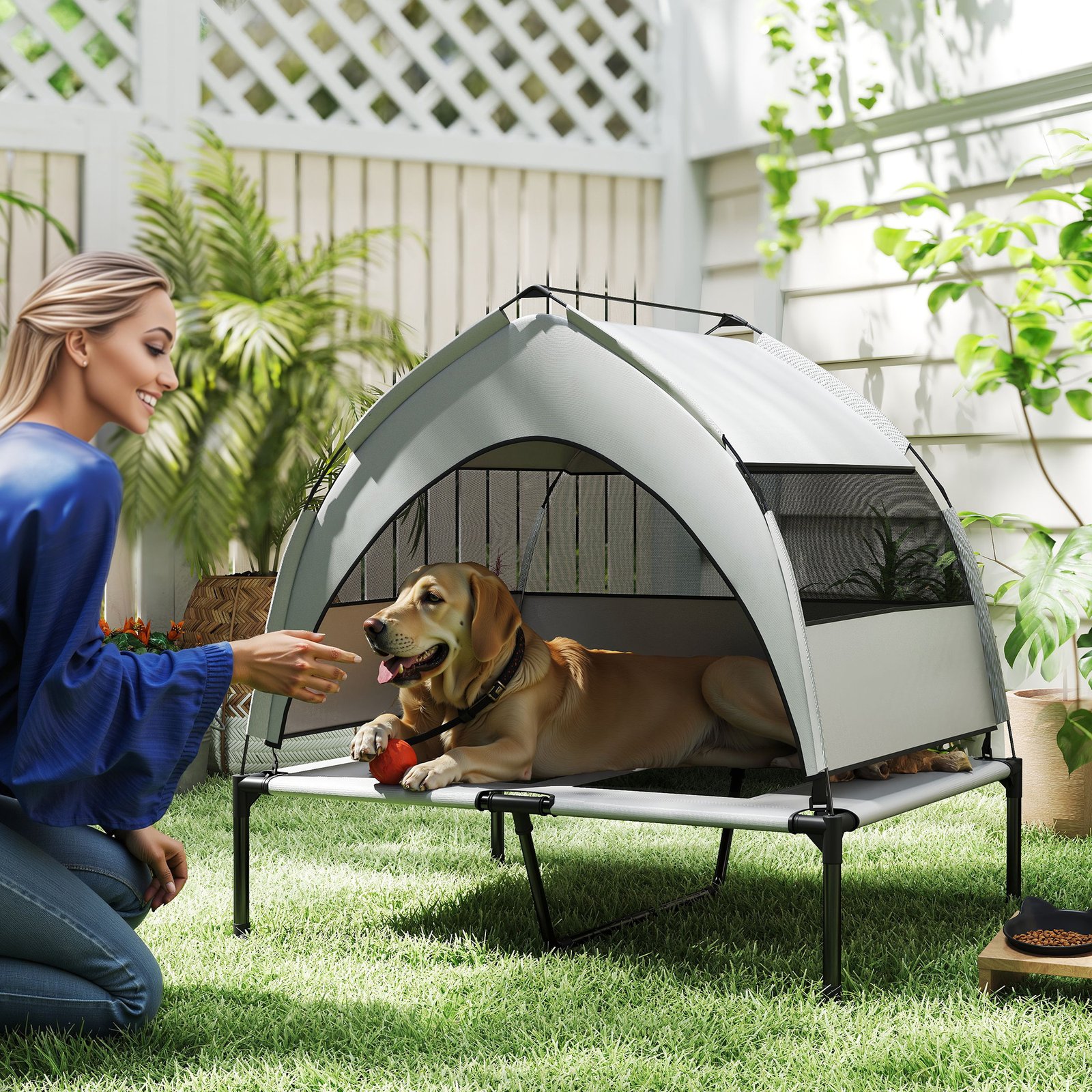 Portable Elevated Dog Bed with Removable Canopy, Cooling Raised Pet Cot for Medium Large Dogs, 92 x 75 x 85 cm