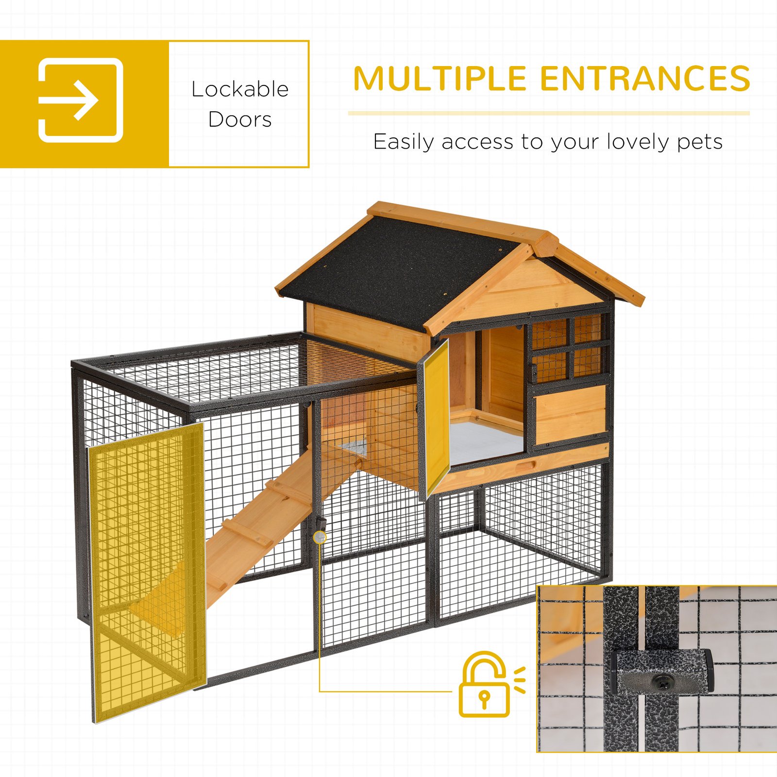 Rabbit Hutch Guinea Pig Hutch Wood-metal Elevated Guinea Pig House Pet Bunny Cage for Outdoor 122 x 63 x 92cm Light Yellow - Image 5