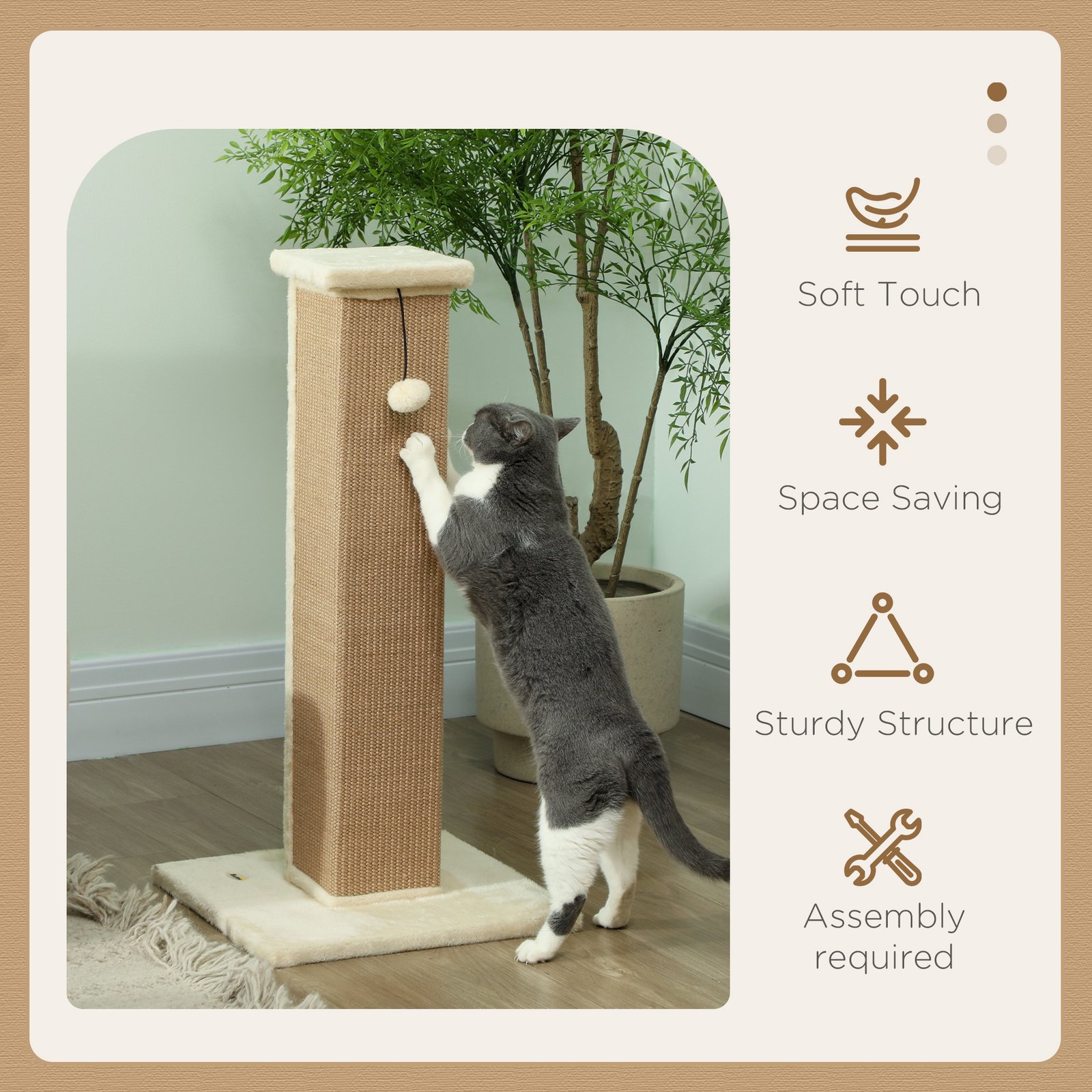 81cm Cat Scratcher, Vertical Full Scratcher w/ Natural Jute Rope, Hanging Ball, Soft Plush - Beige