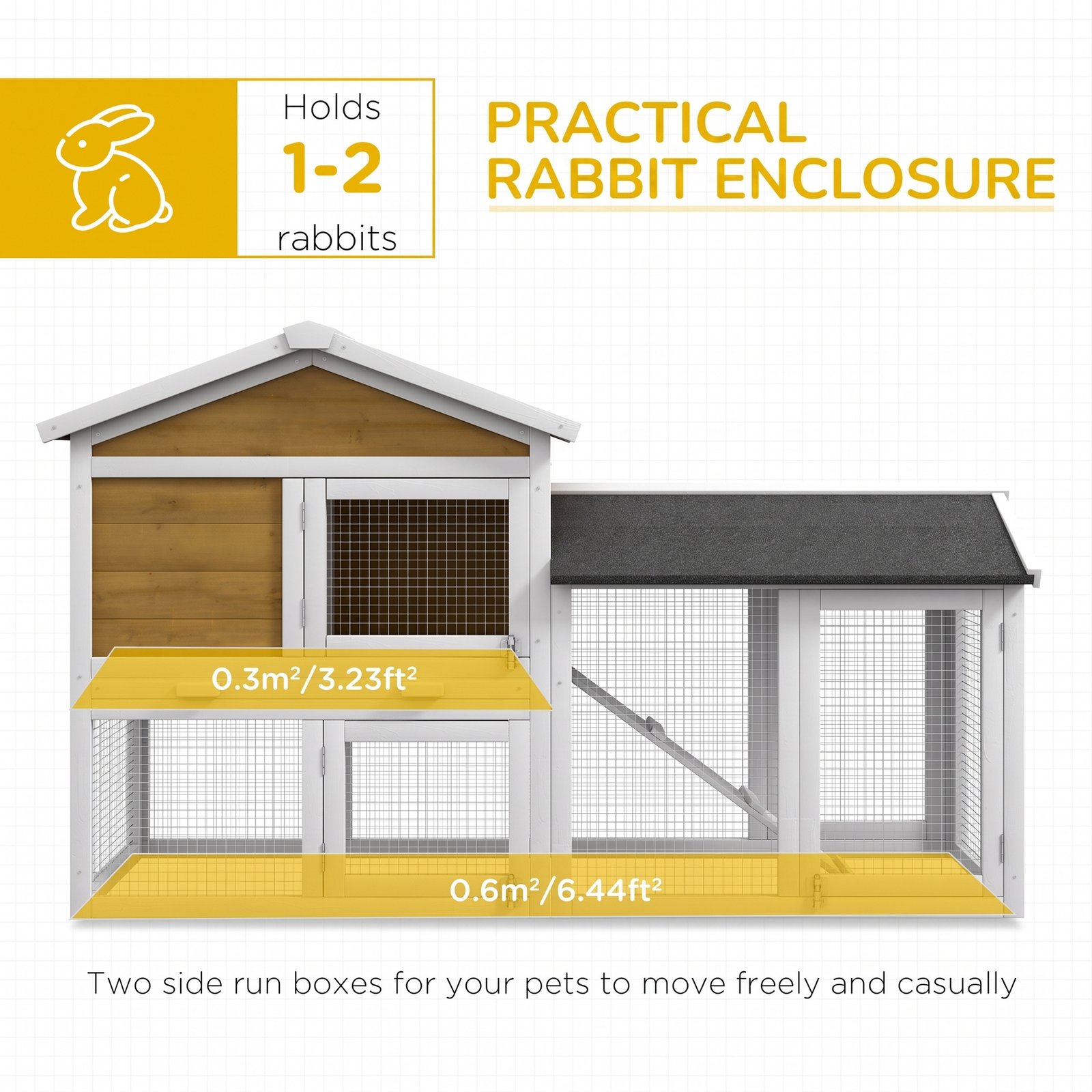 Wooden Rabbit Hutch Outdoor, Double Tier with Water-Resistant Roof, Ramp 147 x 54 x 84 cm, Yellow