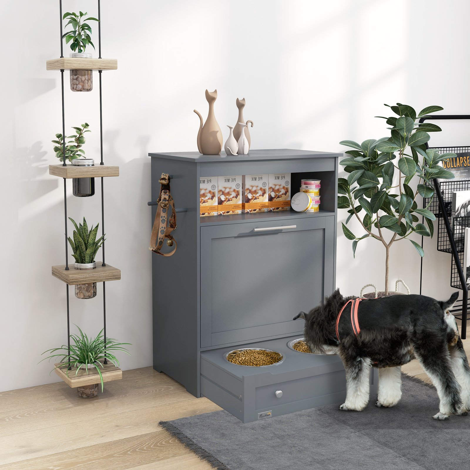 Pet Feeder Station, Dog, Cat Storage Container, with Raised Bowls, Hanger, Cabinet - Grey
