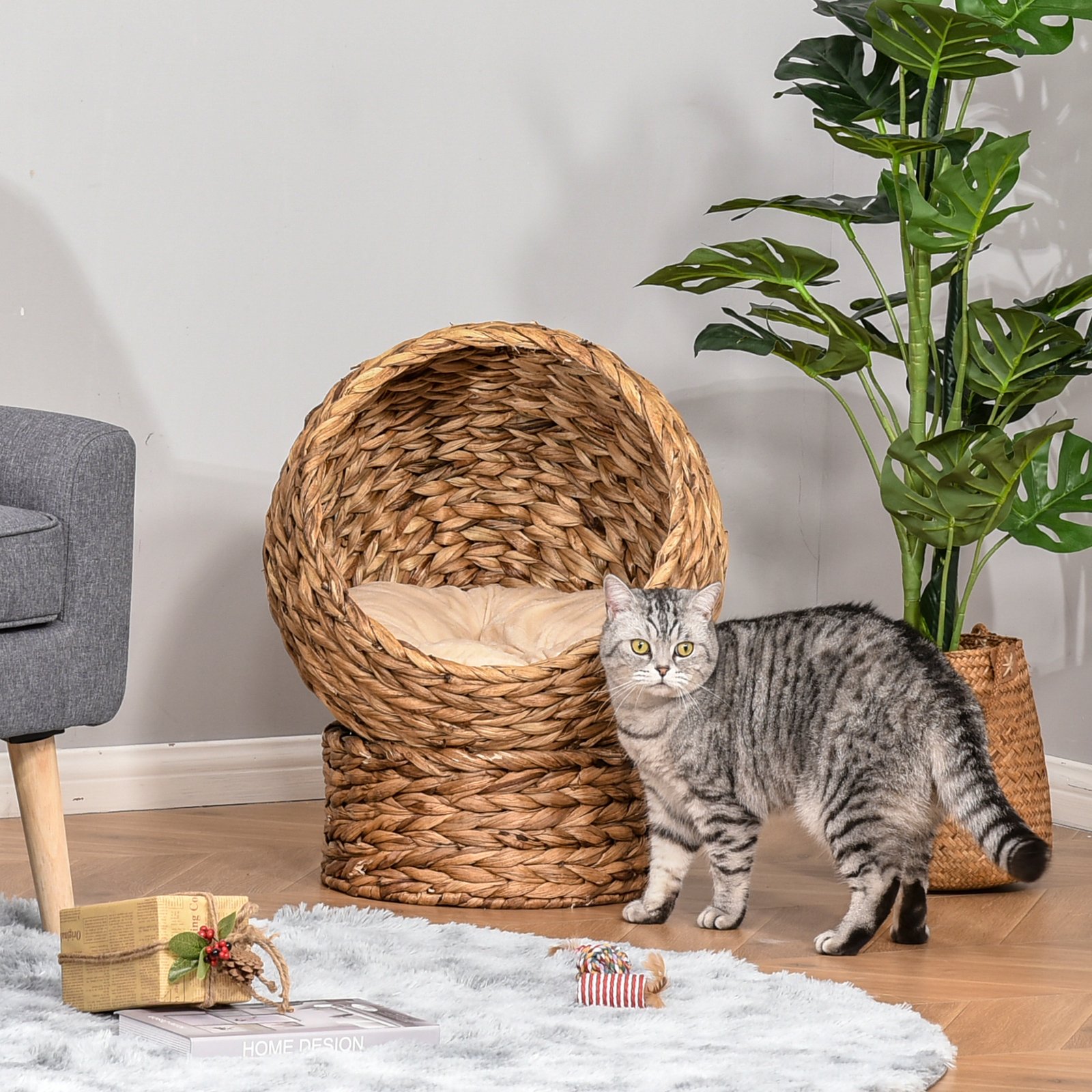 Wicker Cat Bed, Raised Rattan Cat Basket with Cylindrical Base, Soft Washable Cushion, 40 x 37 x 51 cm - Brown - Image 9