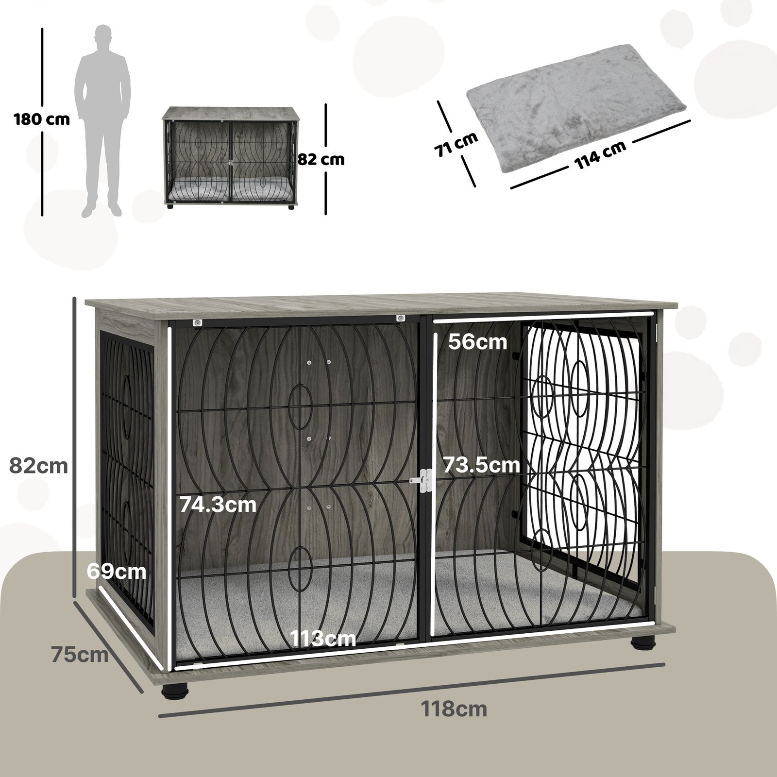 46.46'' Dog Crate Furniture End Table w/ Plush Washable Cushion, Lockable Door, for Extra Large Dogs