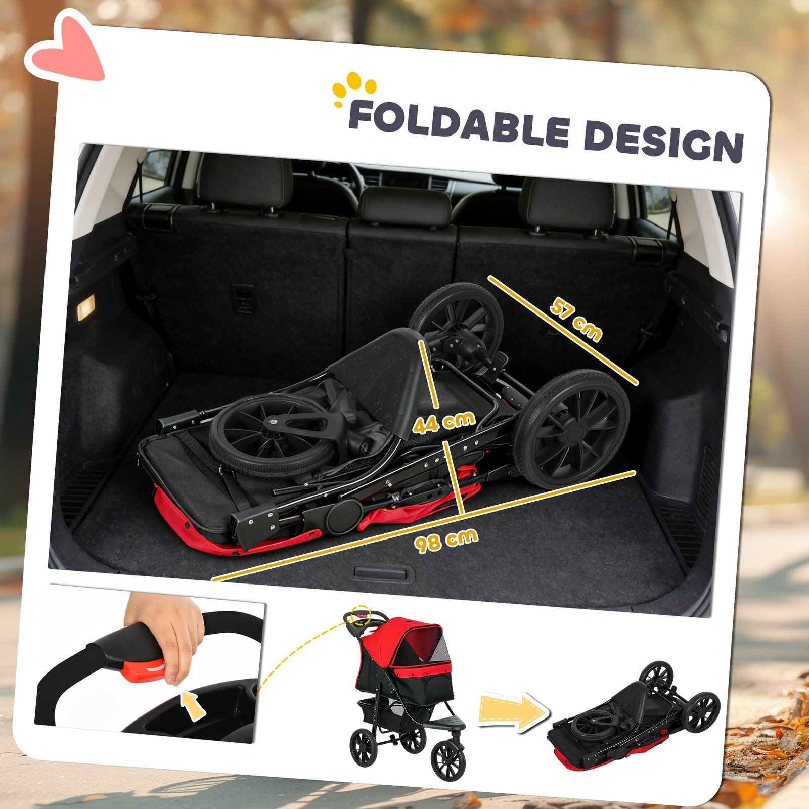 Dog Stroller Foldable Pet Pram for Small Miniature Breeds, Cats, 3 Wheels Dog Pushchair with Brake, Cupholder, Red