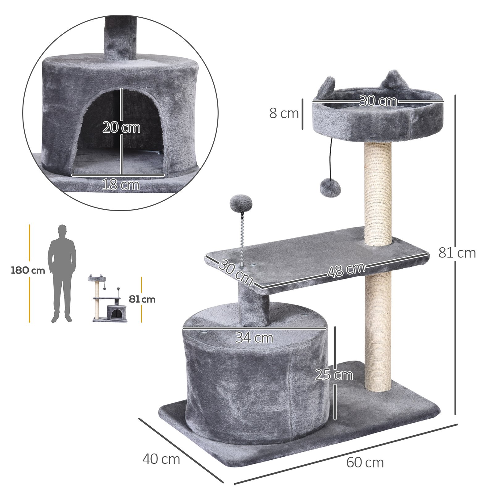 Cat Tree for Indoor Cats with Scratching Post Climbing Tower Kitty Activity Centre Condo Perch Jumping Platforms Grey 60L x 40W x 81H cm - Image 3