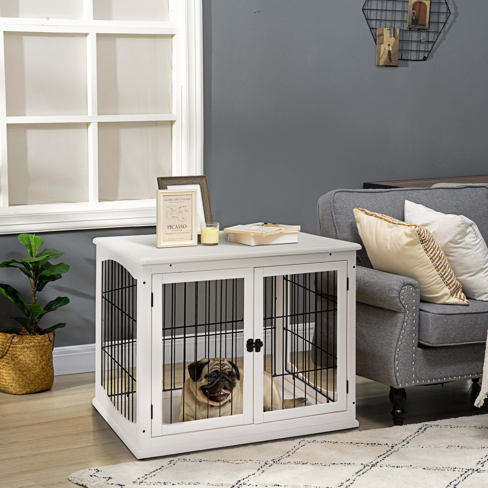 Dog Crate Furniture, Puppy Crate End Table, Pet Kennel House with 2 Doors for Medium and Small Dogs, 81 x 58.5 x 66 cm, White