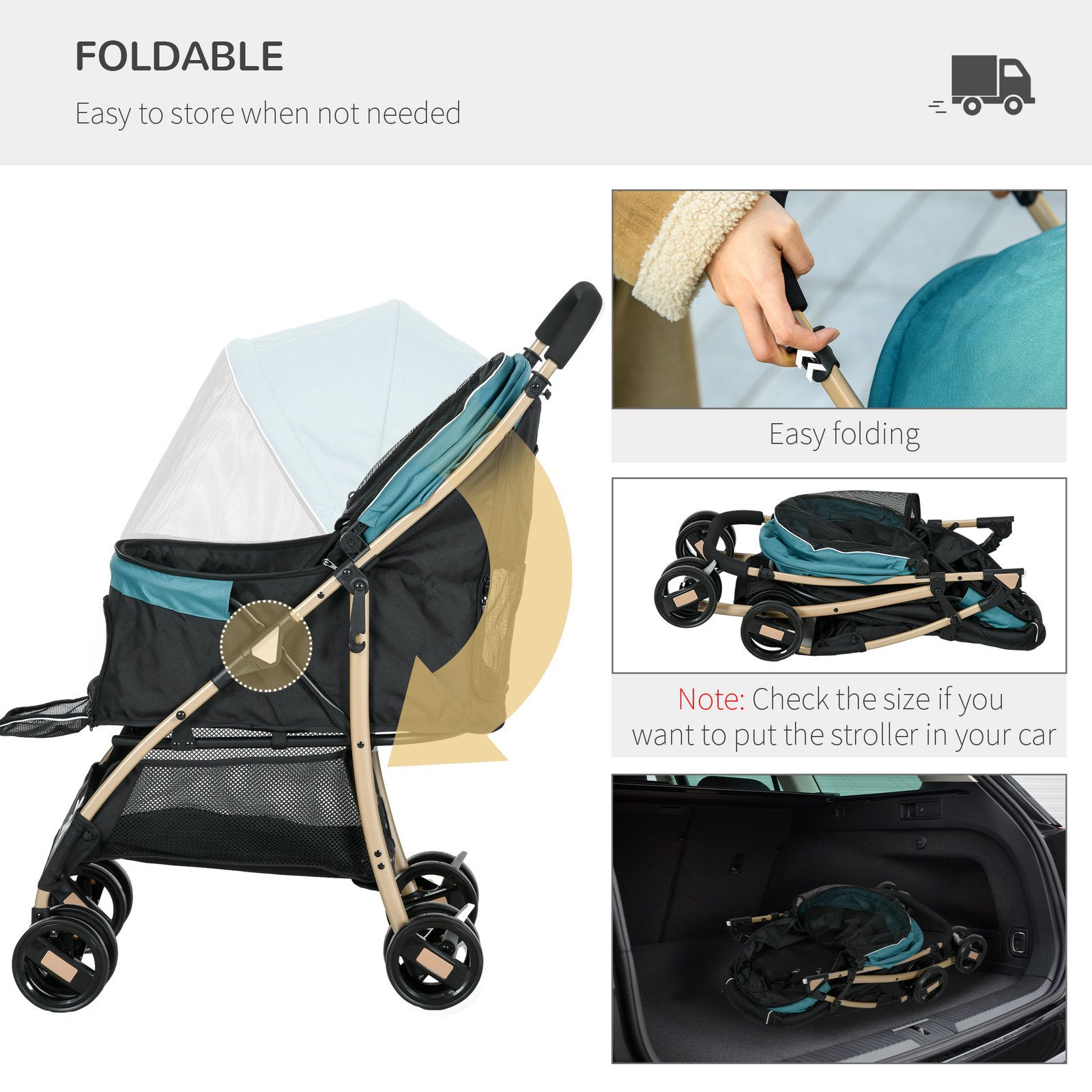 Pet Stroller for Small and Miniature Dogs, with Rain Cover - Dark Green - Image 5