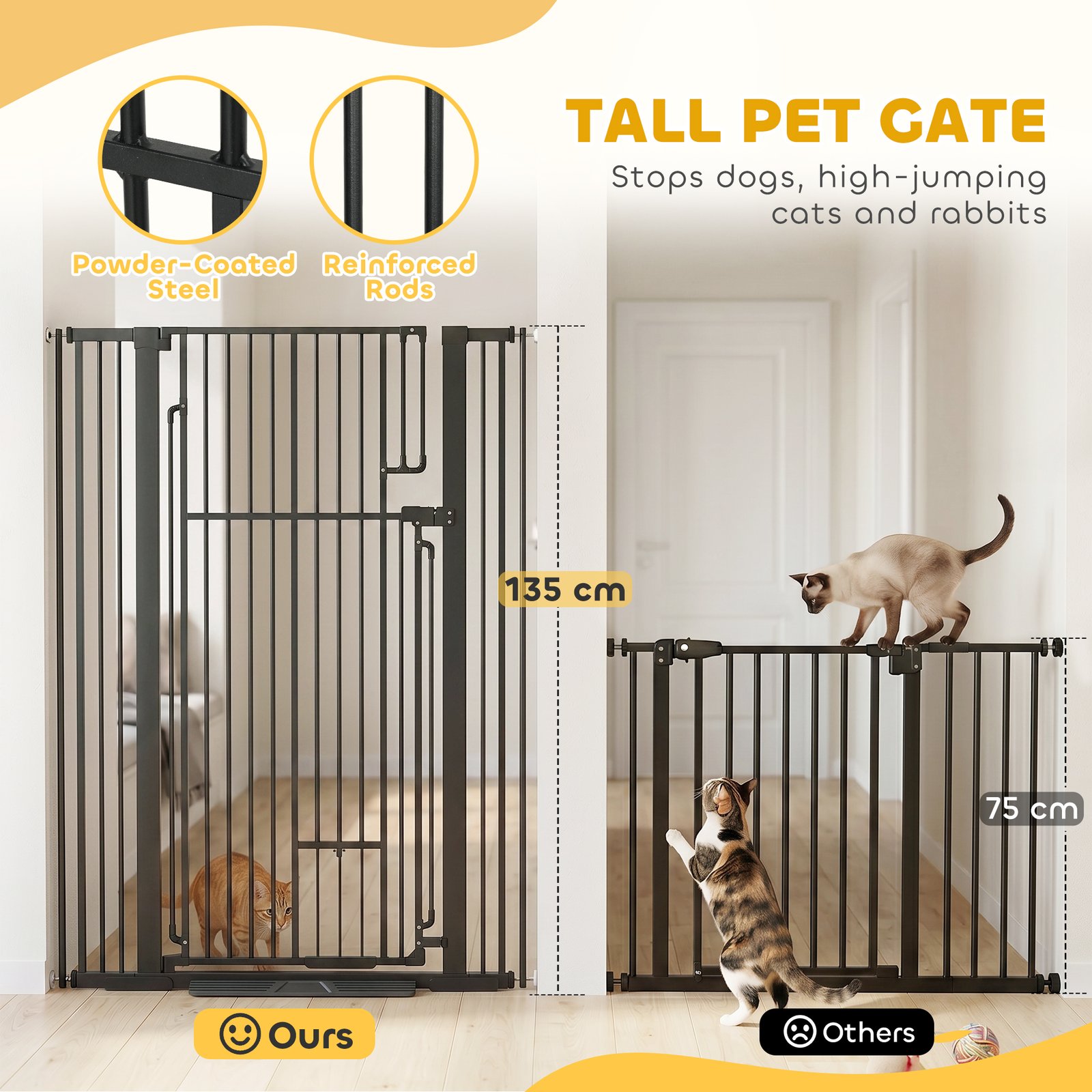 135cm Extra Tall Dog Gate with Cat Door, Fits Openings 81-108 cm Pressure Mounted for Doorways, Hallways, No Drilling
