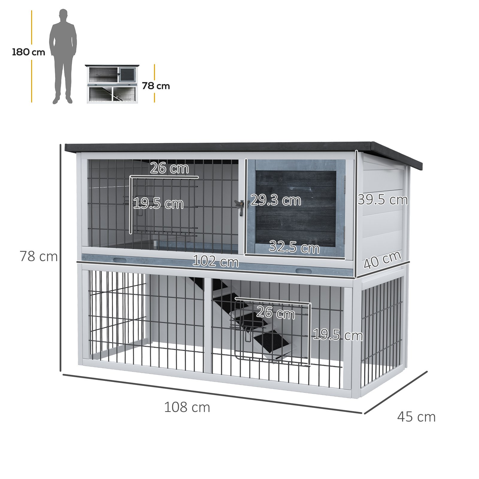 2-Tier Wooden Rabbit Hutch Guinea Pig House Bunny Cage Backyard w/ Openable Roof Small Animal House for Outdoor Grey, 108 x 45 x 78 cm