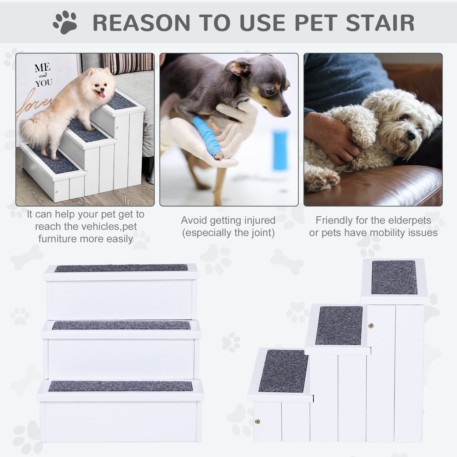 Dog Steps for Bed Sofa, 3 Step Wooden Dog Stairs for Sofa, Pet Stairs with Storage for Small Cats and Puppy, White - Image 5