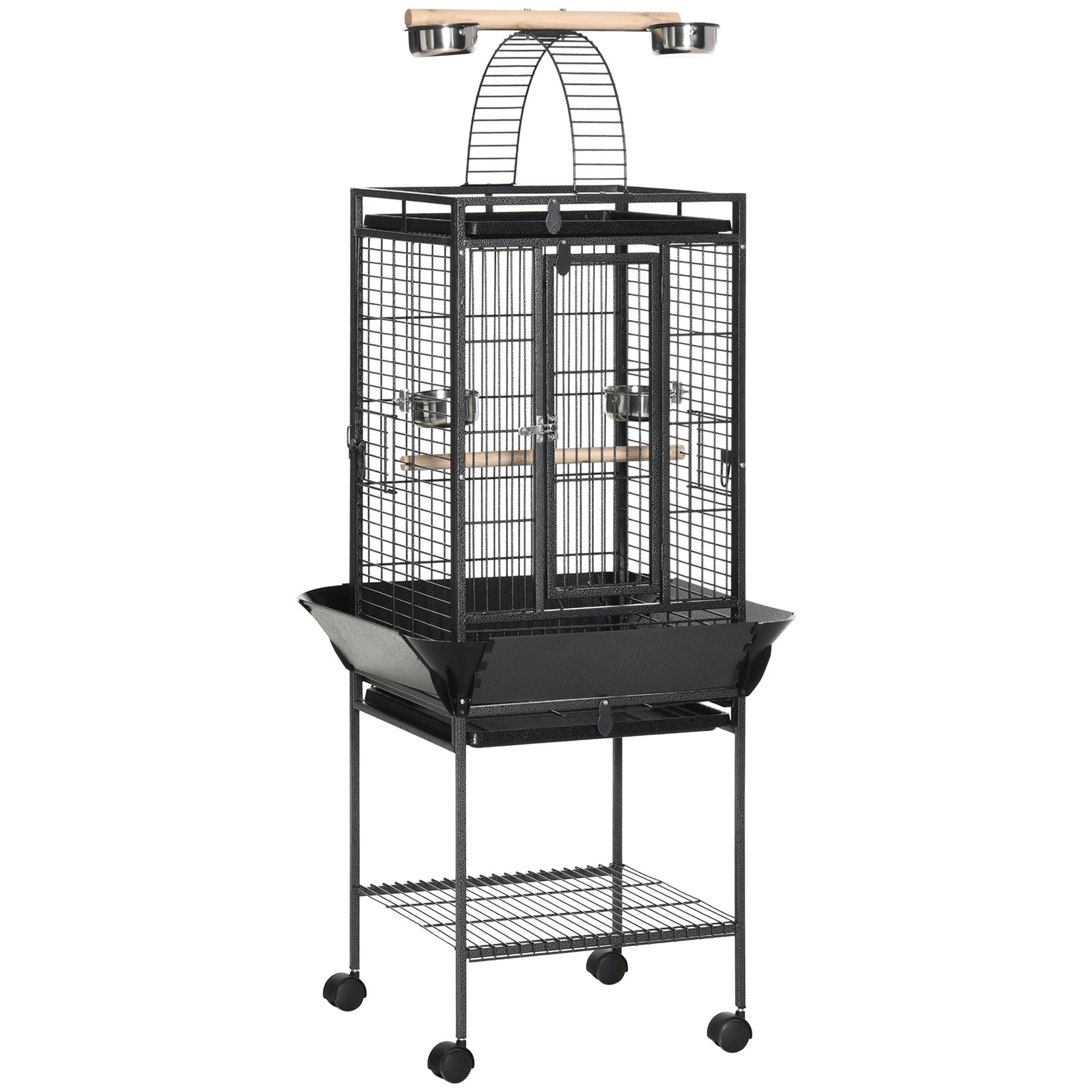 156cm Bird Cage,Large Parrot Cage with Open Play Top, Perch, Seed Guard, Wheels, Storage Shelf, Dark Grey