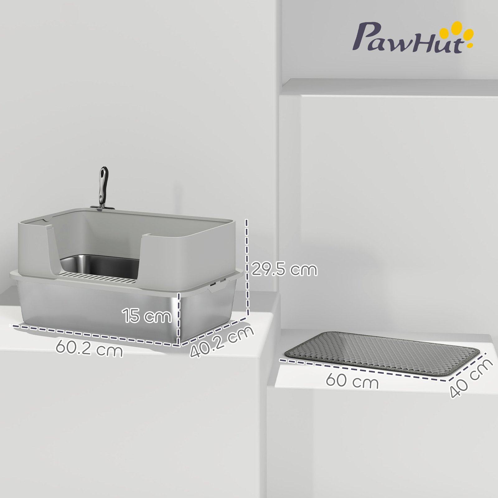 High Sided Stainless Steel Litter Box, Metal Cat Litter Tray with Metal Scoop, Litter Mat, Never Absorbs Odors, Grey