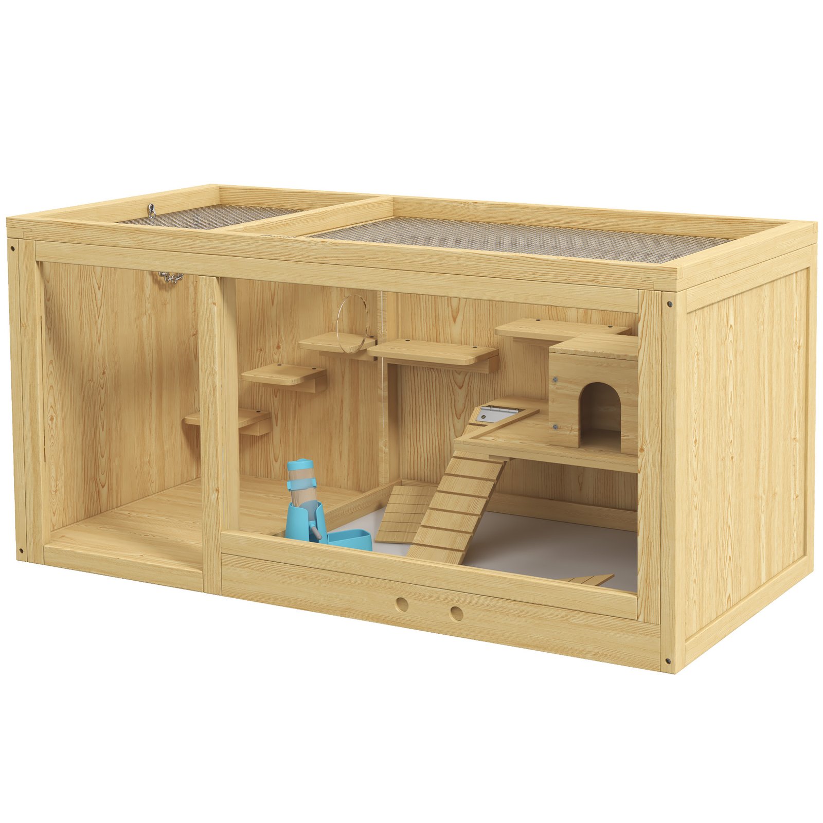 Wooden Hamster Cage with Water Bottle, Platforms, Openable Roof, Sliding Tray, Hut, Seesaws, Natural Wood Finish