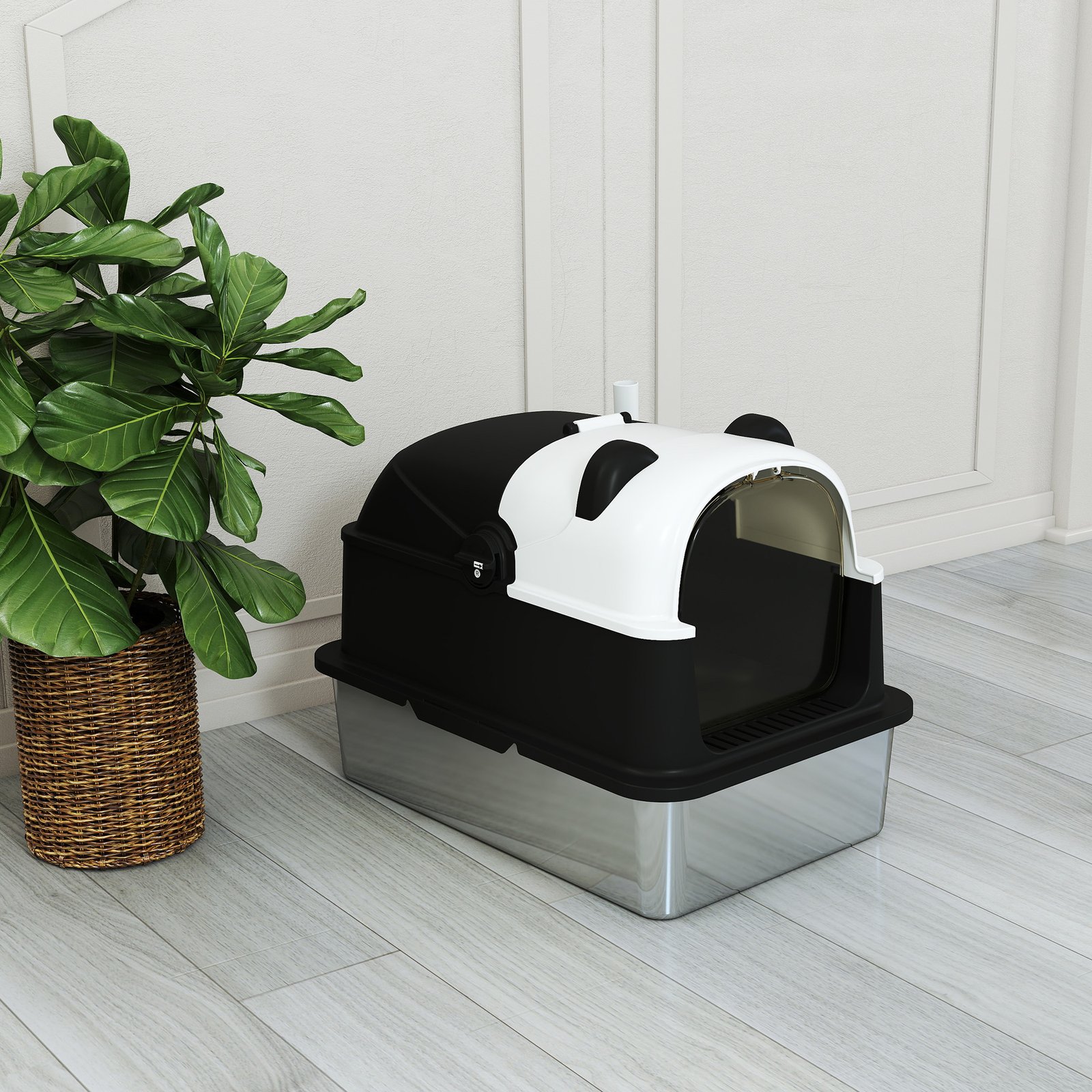 Panda Style XL Stainless Steel Cat Litter Box with Lid, Enclosed Kitty Litter Box with Scoop, 60 x 40 x 45 cm