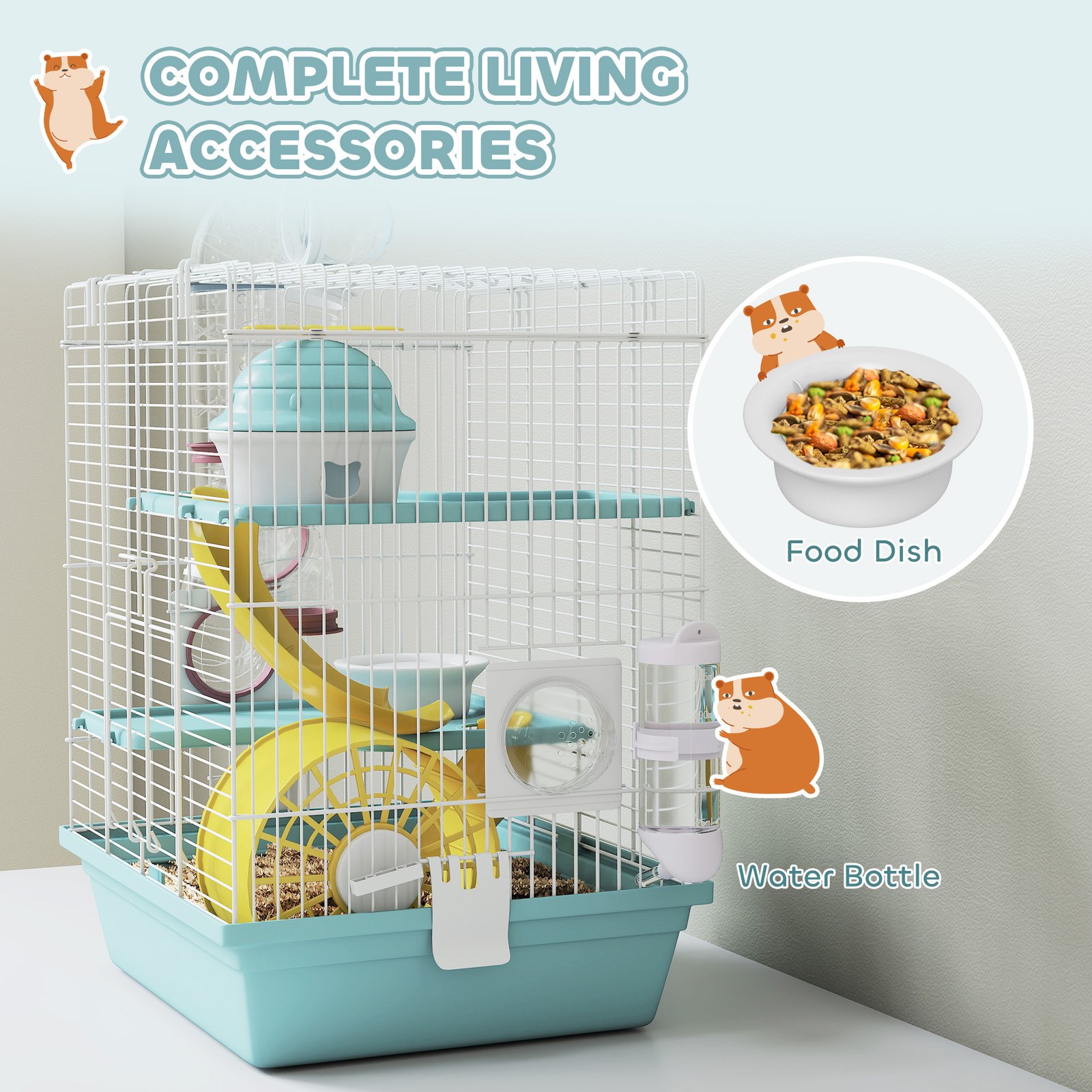 3-Level Hamster Cage with Exercise Wheel, Water Bottle, Food Bowl, for Dwarf Hamsters, 34.5 x 27.5 x 41 cm, Blue