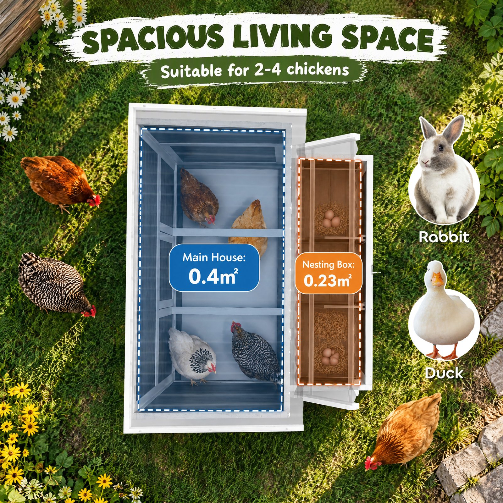 Wooden Chicken Coop with Nesting Box, Slide-Out Tray, Perches, for 2-4 Chickens, 100 x 86 x 100cm