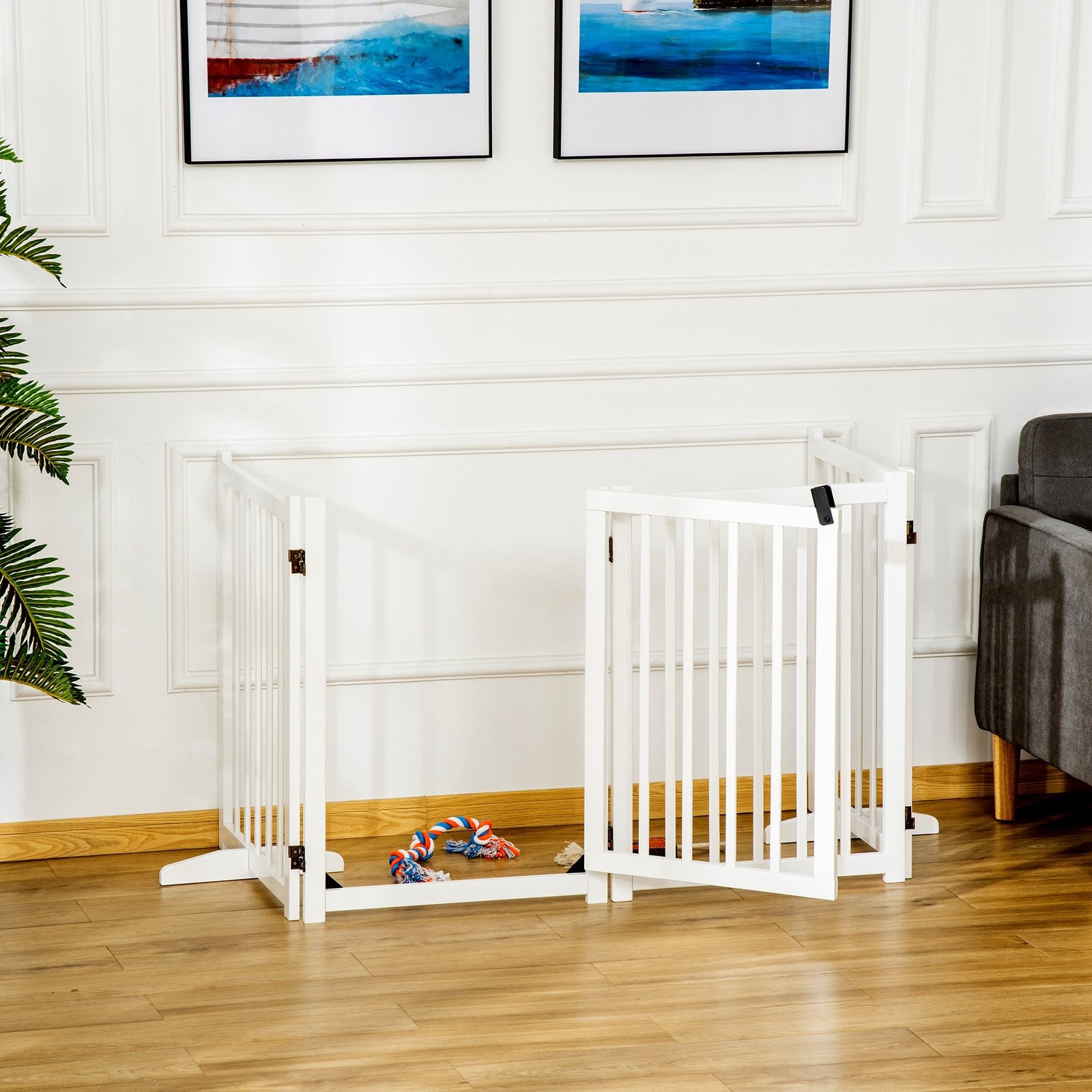 Wooden Dog Gate, Dog Fence Indoor, 80 cm Tall Freestanding Pet Gate for Small and Medium Dogs with 4 Panels, 2 Support Feet, White