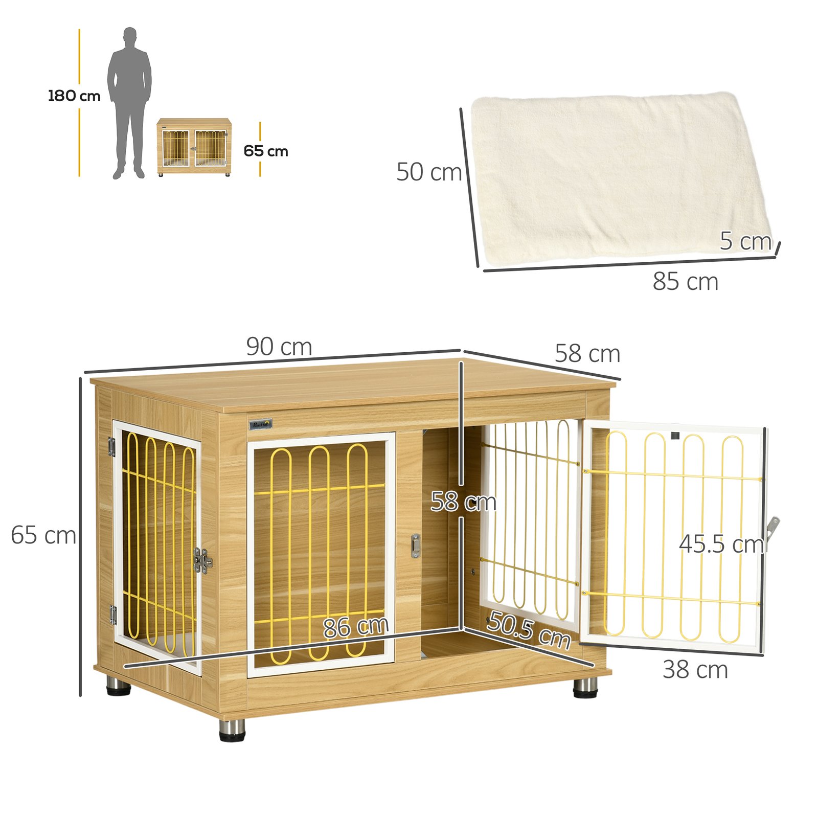 Dog Crate Furniture, Dog Cage End Table. with Soft Cushion, Double Door - Oak Tone - Image 3