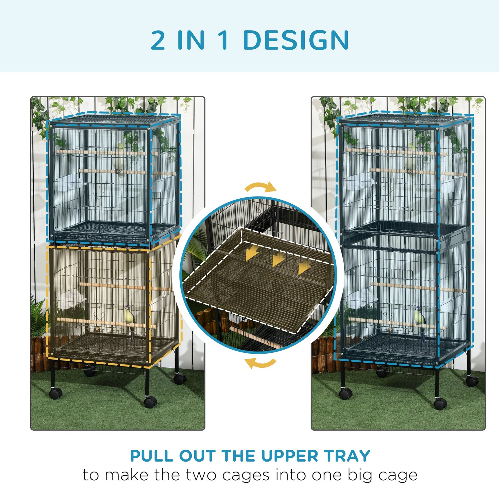 Bird Cage Budgie Cage 2 In 1 Large Aviary with Wheels Removable Trays for Finch Canaries Cockatiels Black