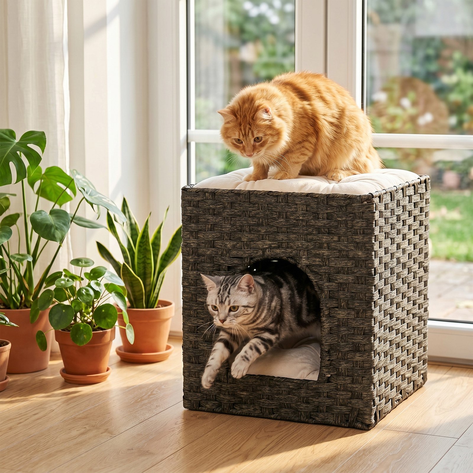2-Tier Wicker Cat House, Handwoven Rattan Cat Bed with Washable Cushions, Indoor Kitten Condo Hideaway - Image 8