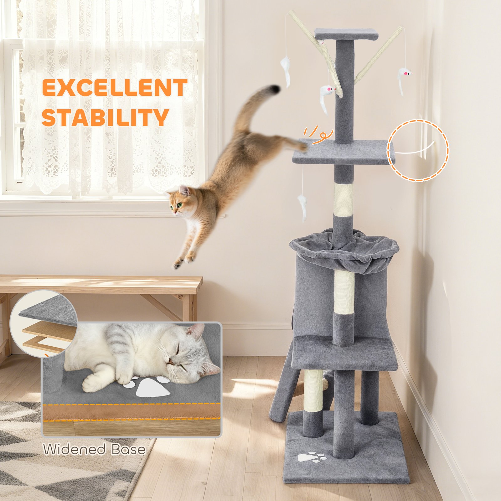 Multi-Level Cat Tower, 134cm Cat Tree with Condo and Sisal Scratching Posts for Indoor Kittens, Grey - Image 6