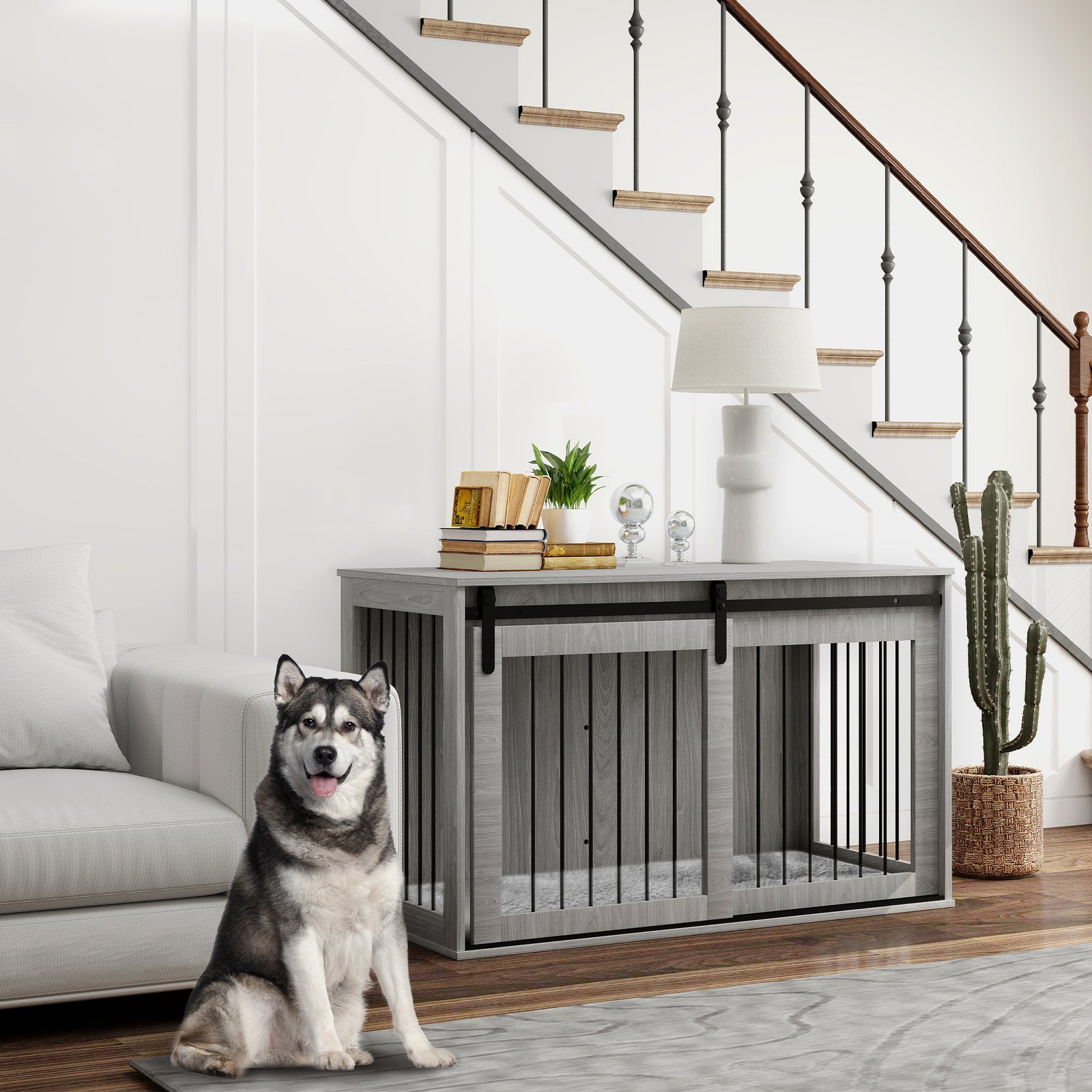 46.46'' Dog Crate Furniture with Removable Cushion & Security Latch for Extra Large Dogs - Grey