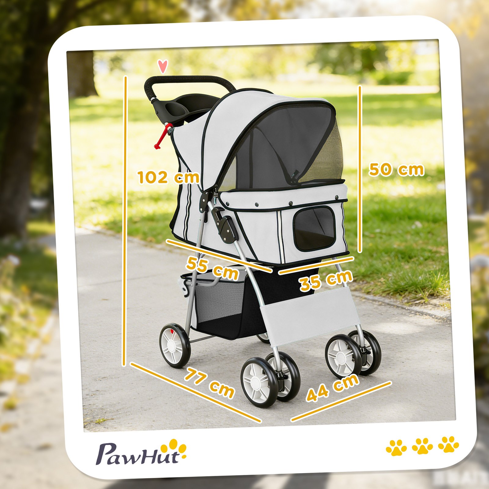 Dog Pram, Pet Stroller with Reflective Strips, Foldable Cat Stroller with 360° Swivel Wheels, Grey