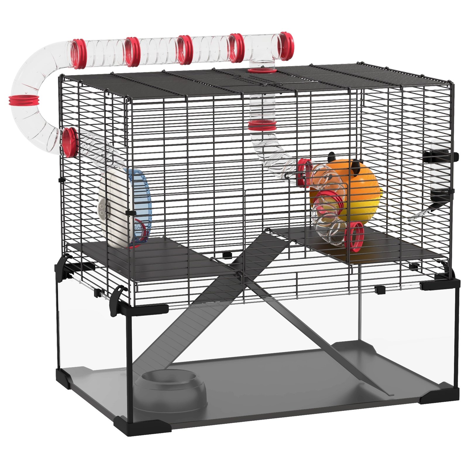 Gerbil Cage Dwarf Hamster Cage, with Deep Glass Bottom, Tunnels, Hut, Exercise Wheel, 60 x 40 x 57cm