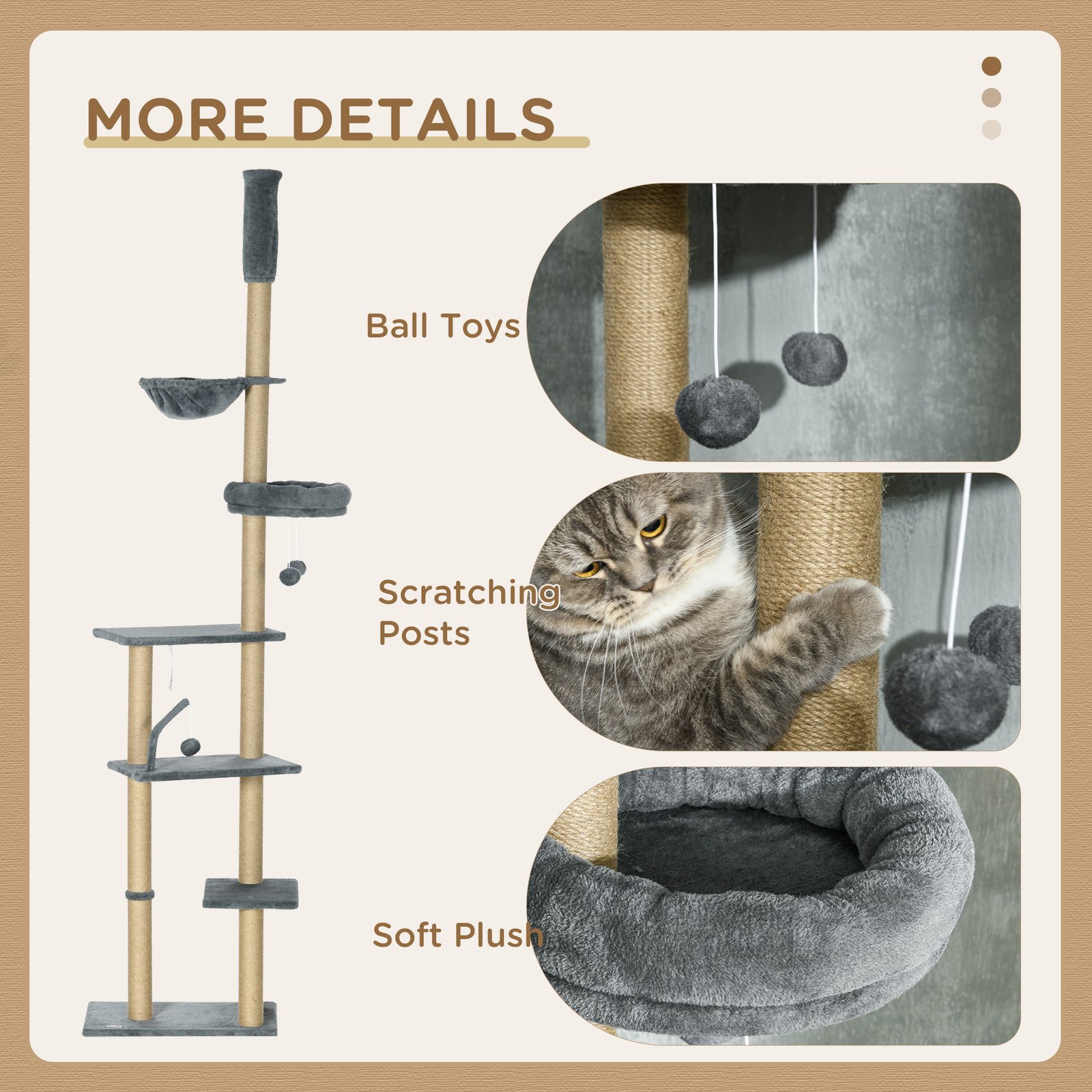 230-250cm Floor-to-Ceiling Climbing Cat Tree Tower - Grey