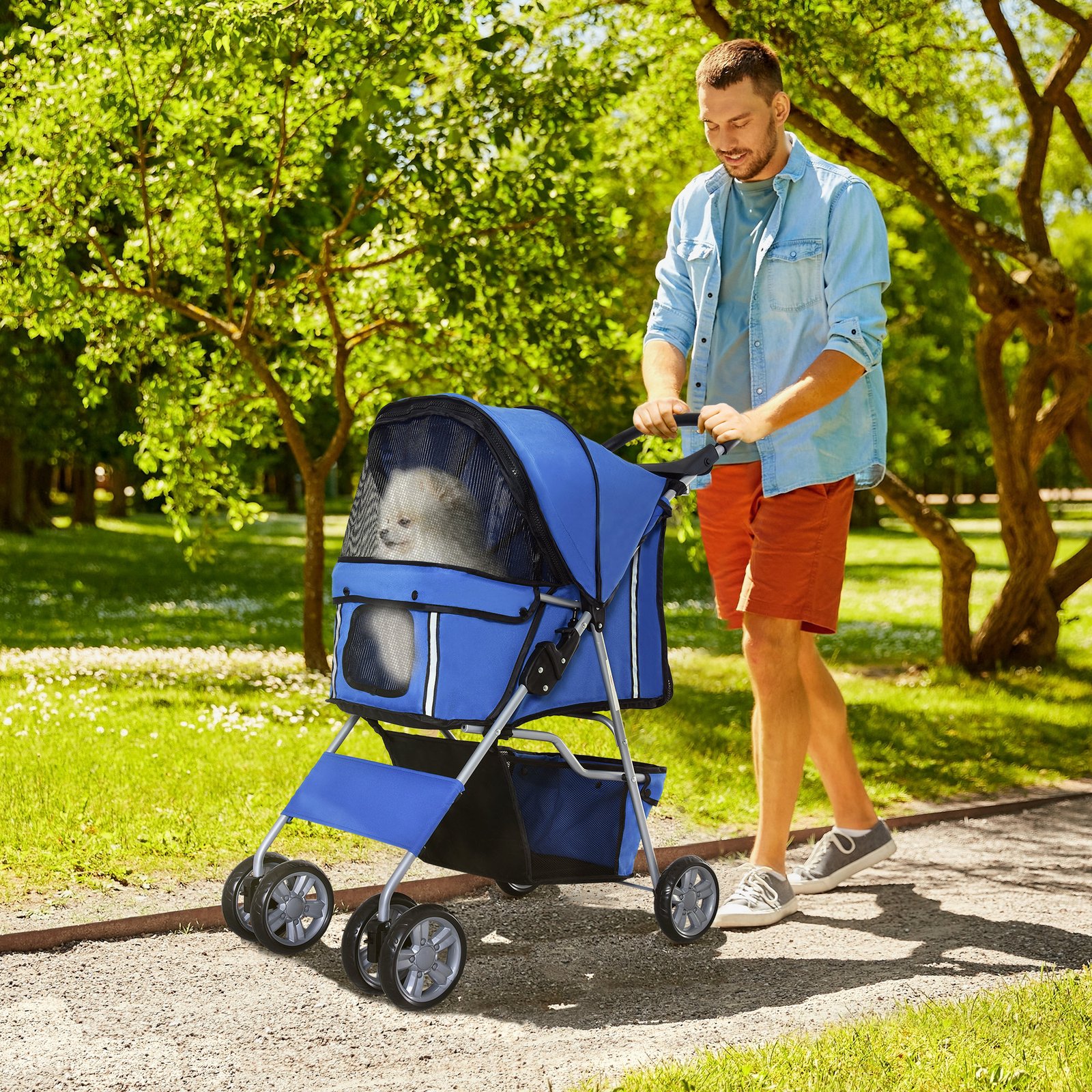 Pet Stroller for Small Miniature Dogs Cats Foldable Travel Carriage with Wheels Zipper Entry Cup Holder Storage Basket Blue - Image 9