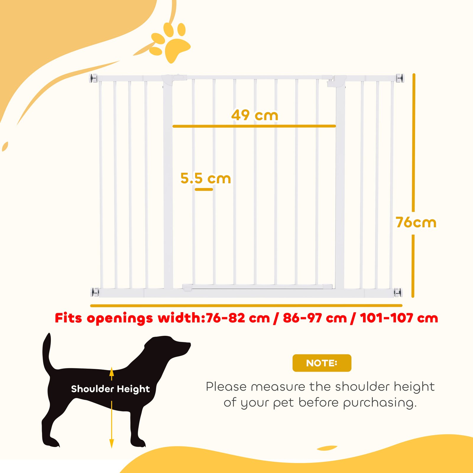 Dog Gate Pet Safety Gate Stair Barrier Pressure Mount Adjustable 76-82/86-97/101-107 cm, White - Image 3