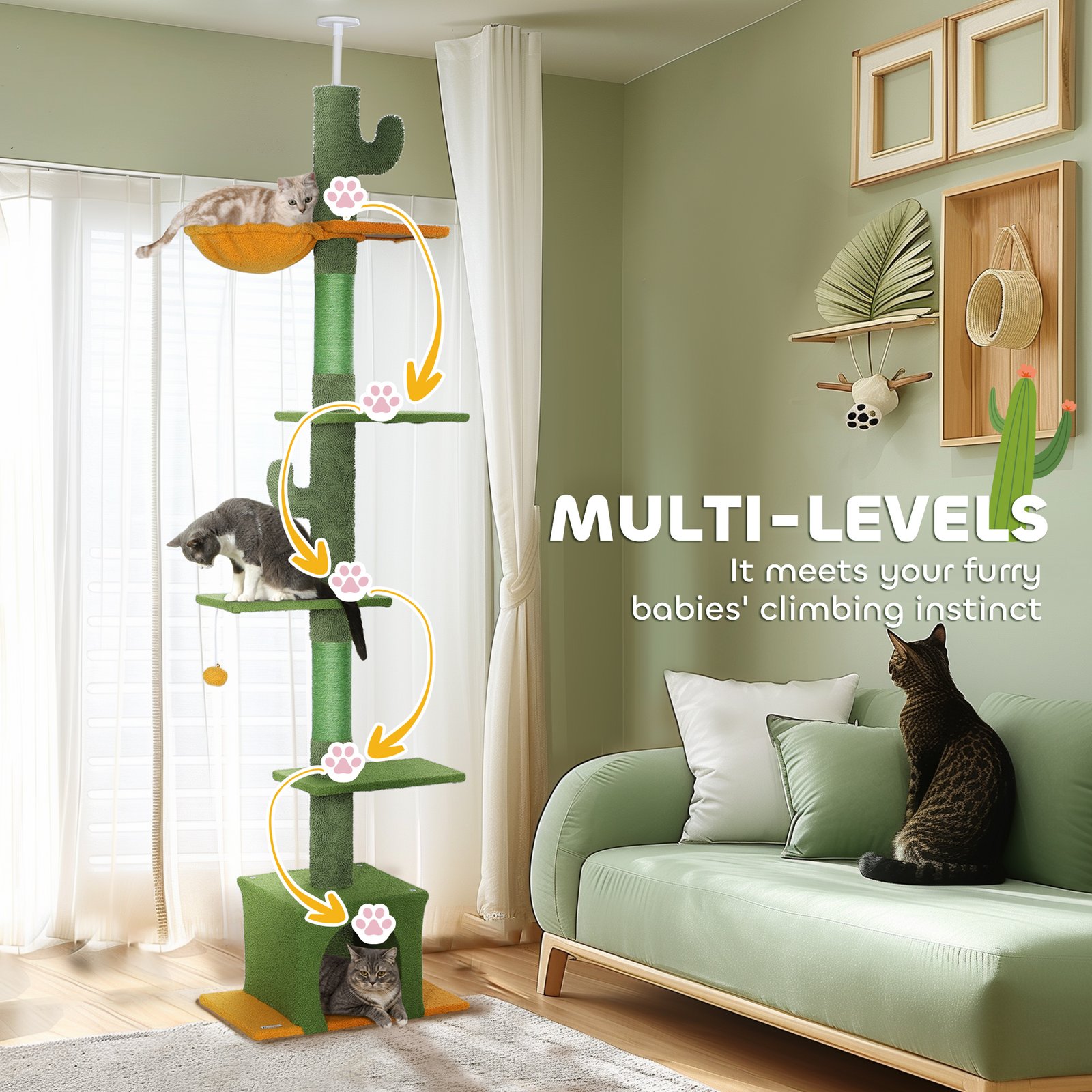 230-275cm Floor-to-Ceiling Adjustable Cat Tree with Scratching Posts, Hammock - Image 6