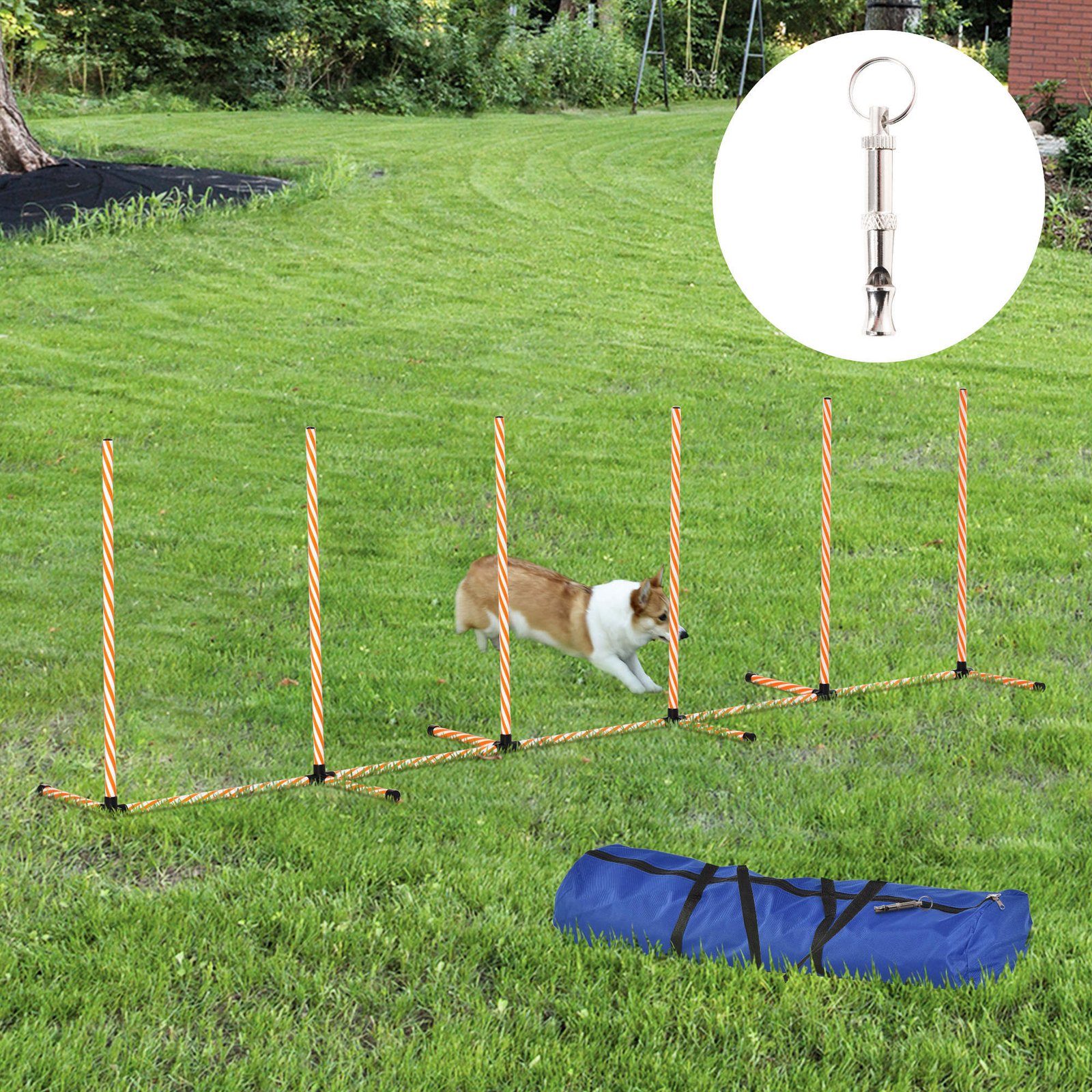 Dog Agility Equipment Pet Outdoor Training Play Run Obstacle w/ 6 Weaves Poles Whistle Carrying Bag - Image 9