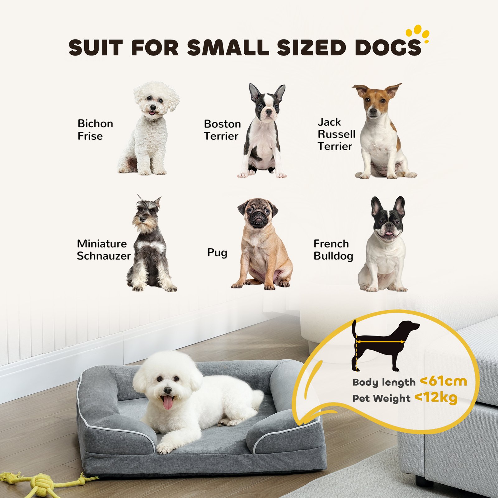 Dog Sofa Bed, Washable Pet Bed with Removable Cover and Non-Slip Bottom for Cats and Small Dogs, Grey