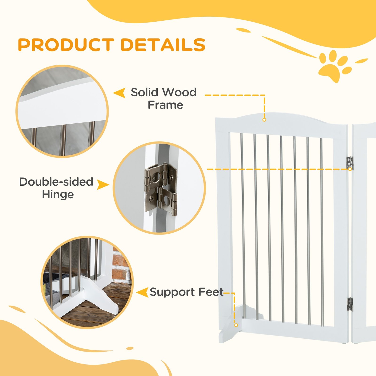 Foldable Dog Gate, Freestanding Pet Gate, with Two Support Feet, for Staircases, Hallways, Doorways - White