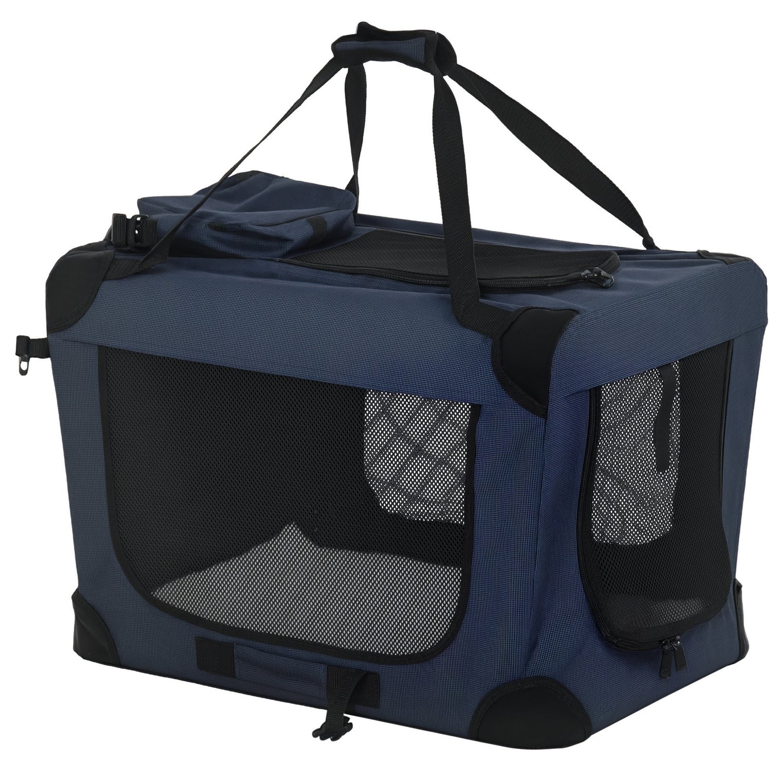 Foldable Pet Carrier for Small and Miniature Dogs, Portable Cat Carrier Soft Side Pet Travel Crate with Removable Mat, Storage Bags, Breathable Mesh 60 x 41.5 x 41cm - Dark Blue