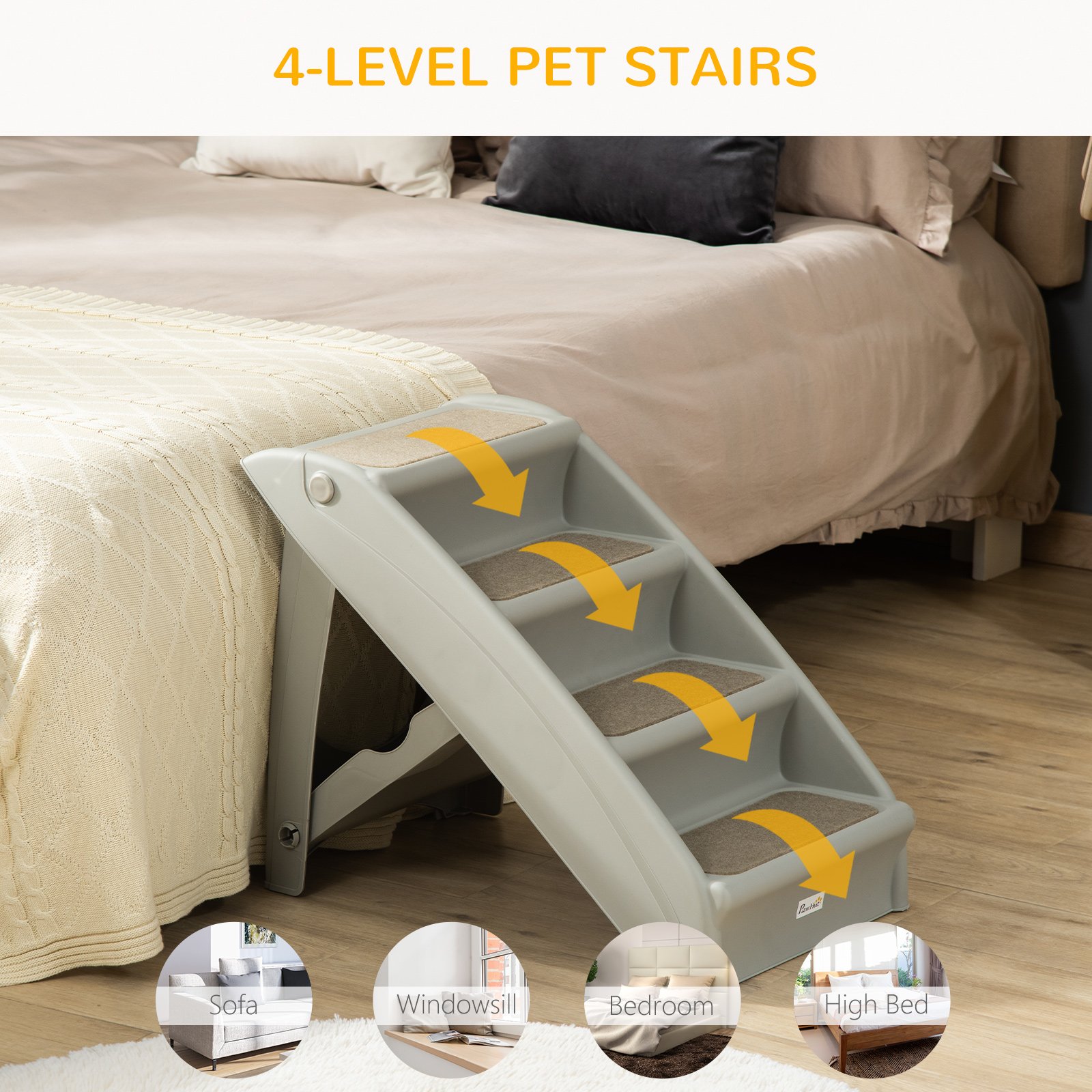 Foldable Four-Step Pet Stairs, for Cats, Small Miniature Dogs, with Non-Slip Mats 62 x 38 x 49.5cm - Grey