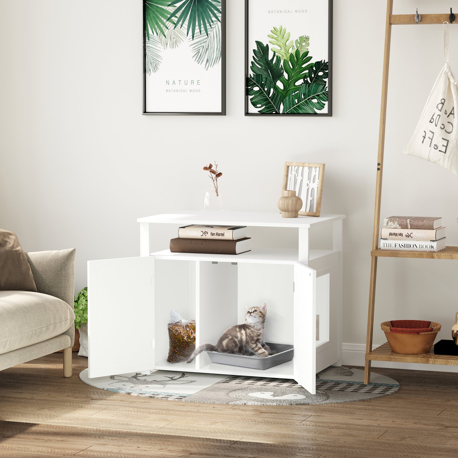 Wooden Cat Litter Box Enclosure Furniture with Adjustable Interior Wall & Large Tabletop for Nightstand, White - Image 9