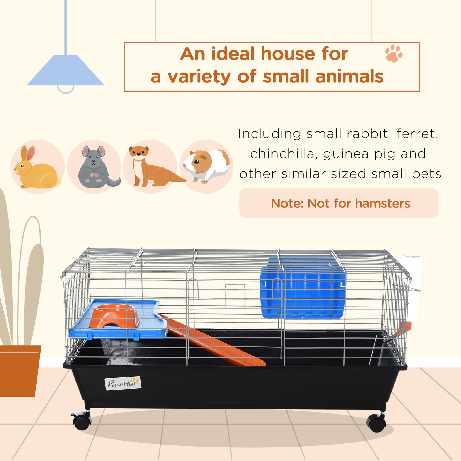 Small Animal Cage Rabbit Guinea Pigs Chinchillas Cage w/ Wheels Water Bottle Food Dish Platform Ramp 89 x 44 x 43 cm Black - Image 4